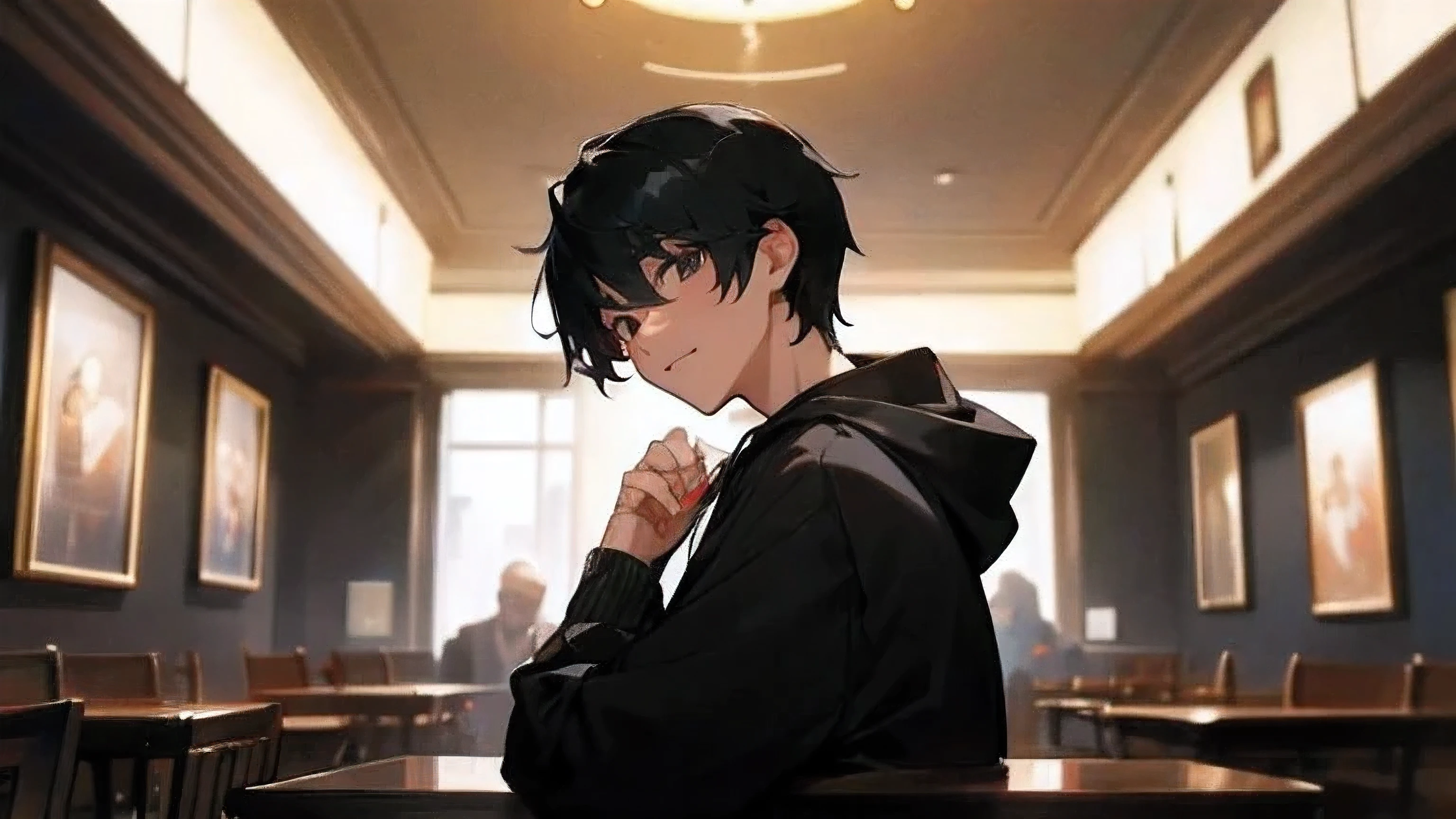 Beautiful illustrations, highest quality, Handsome high school student,Boyfriend , Stylish cafe, , Beautiful black hair, Beautiful and exquisite black eyes, Cinema Lighting, View your viewers, Happy , Black hoodie