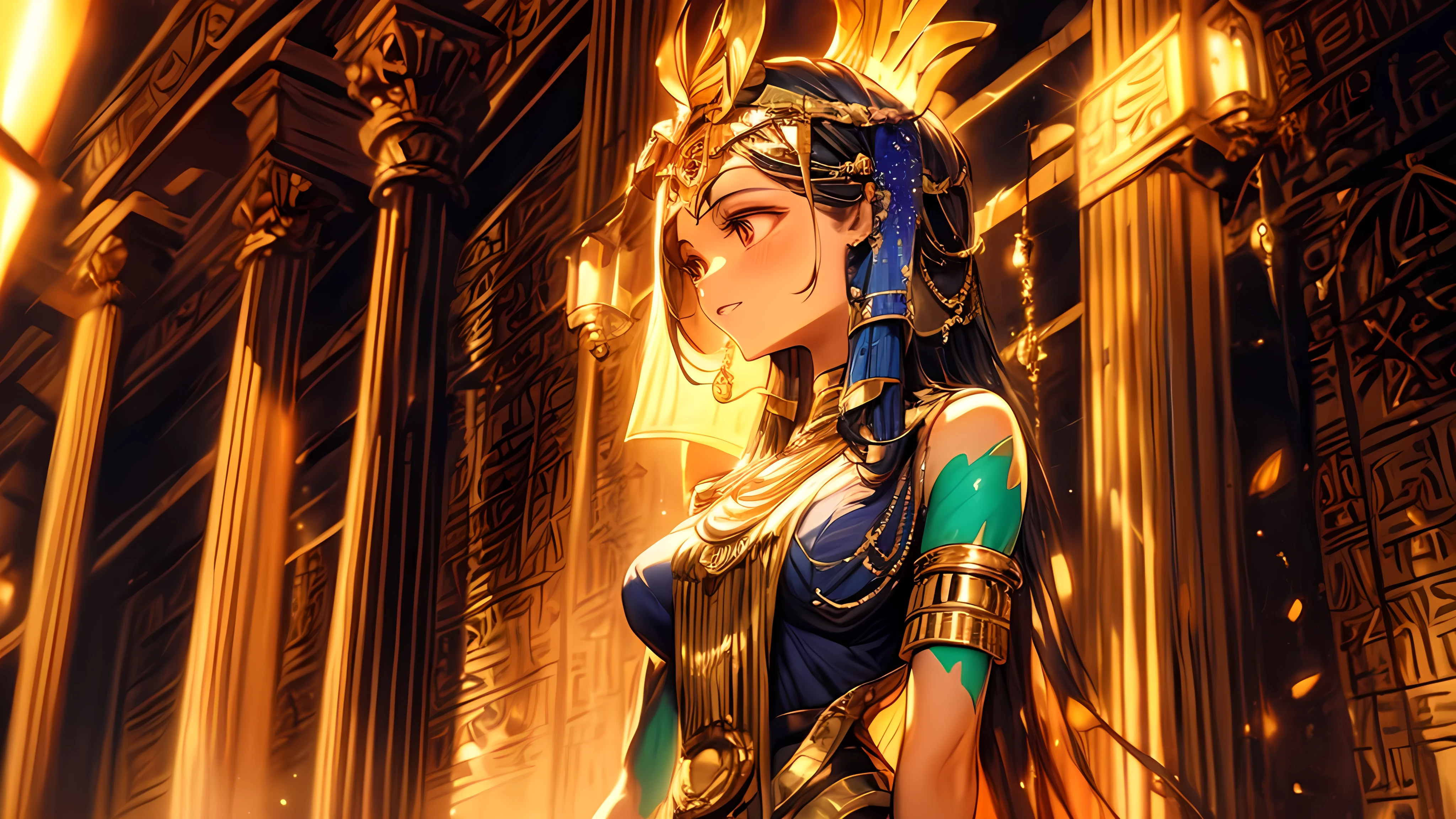 (a beautiful Egyptian goddess),oil painting,shimmering gold jewelry,flowing silky dress,ornate headdress,hieroglyphics on the walls,ancient Egyptian pyramids in the background,impressive architecture and columns,desert landscape,sunset colors,radiant lighting,best quality,ultra-detailed,vivid colors,studio lighting.