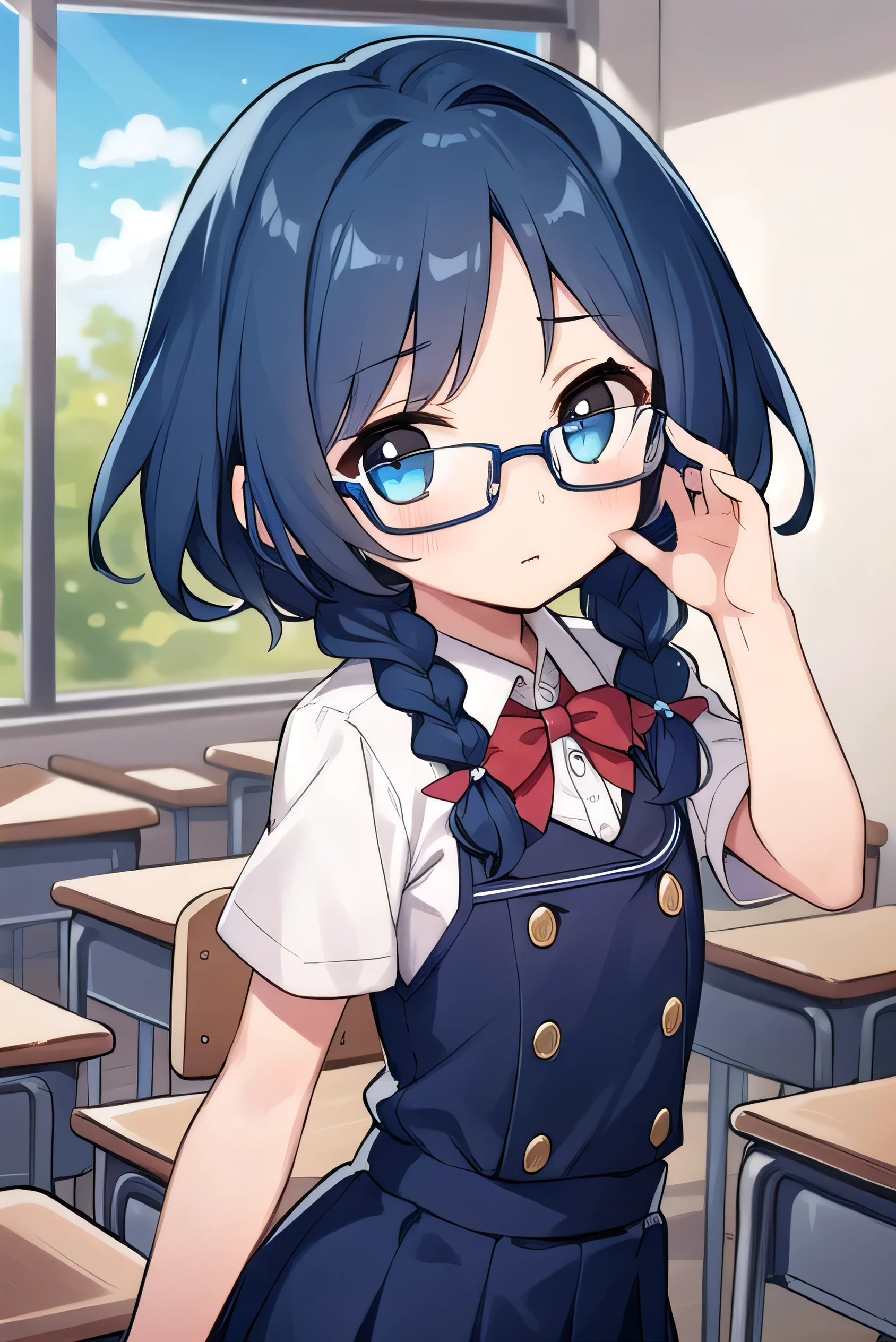 small breasted girl, short, elementary school student, blue hair, fishtail braid, blue eyes, round eyes, shy, shy, classroom, short, young face, short height, , glasses with no edges,flat chest,