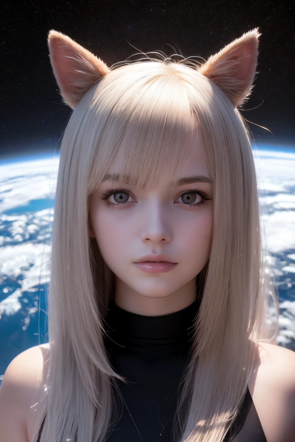 hyperrealistic photograph of a 20-year-old woman , perfect face in space surrounded by a fantastic 3d world 