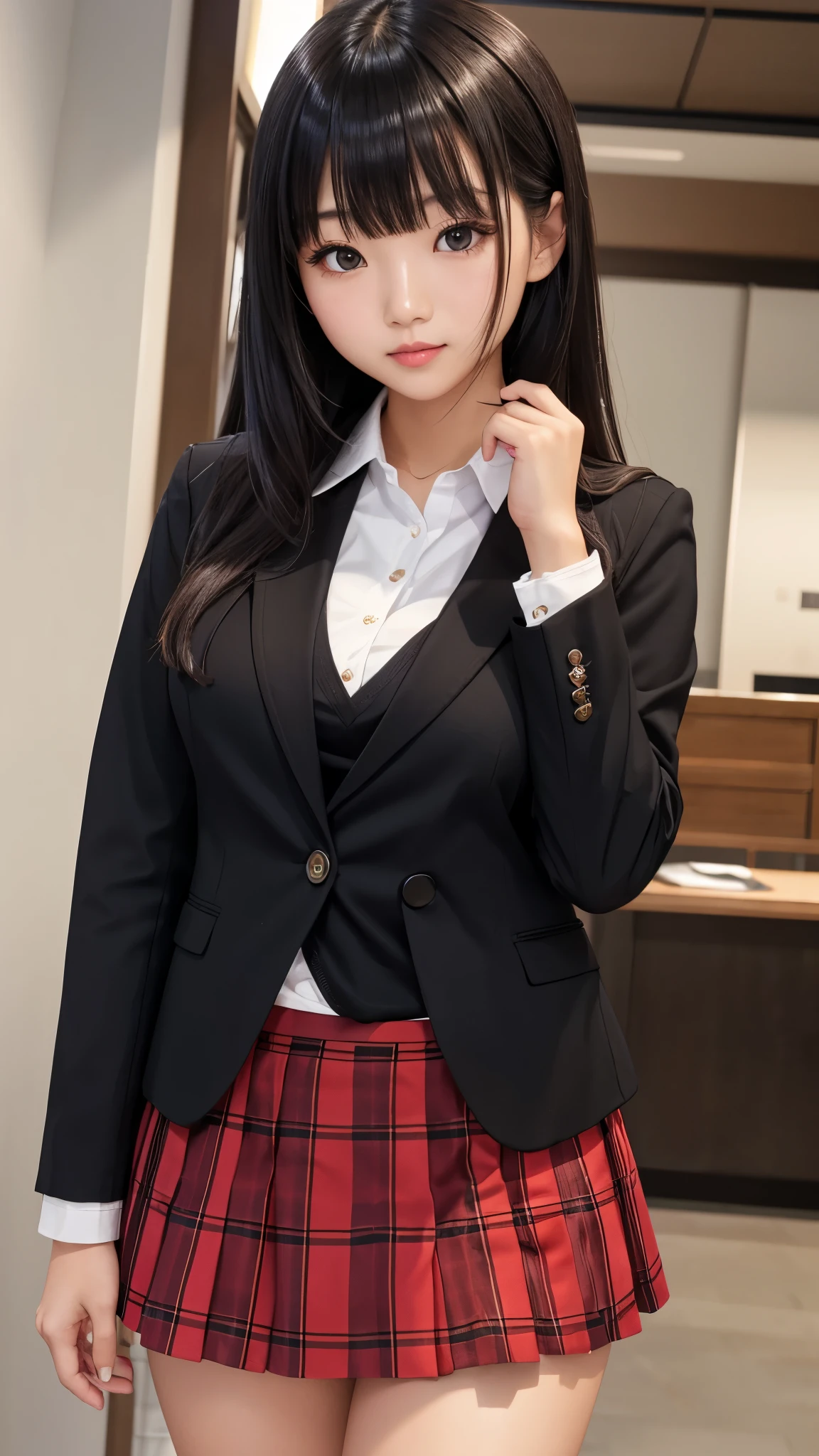 Detailed face、highlight、Asian、girl、thigh、breast enhancement、black髪、Heavy bangs、(Checked skirt、)(blazer、red、black、)