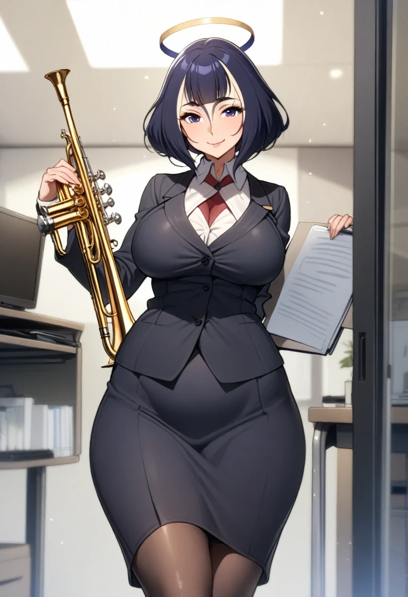 (shylily/(Twich/):1.5),(masterpiece:1.2),(best quality:1.2),((masterpiece, best quality)), (1 Girl),((Mature female)),  Halo, trumpet, ((office lady )),Bangs,Mid-chest,(plump),Slim,Smile, [Wide hips],office,permanent, 