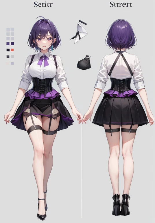 Purple hair,Shortcuts,Adult female,Bartender,((Body harness)),((Rolling up your sleeves shirt)),(Corset),(Tight skirt),((Garter belt)),(Heal),((Simple background)),Smile,((Full body)),((whole body)),Character Sheet,