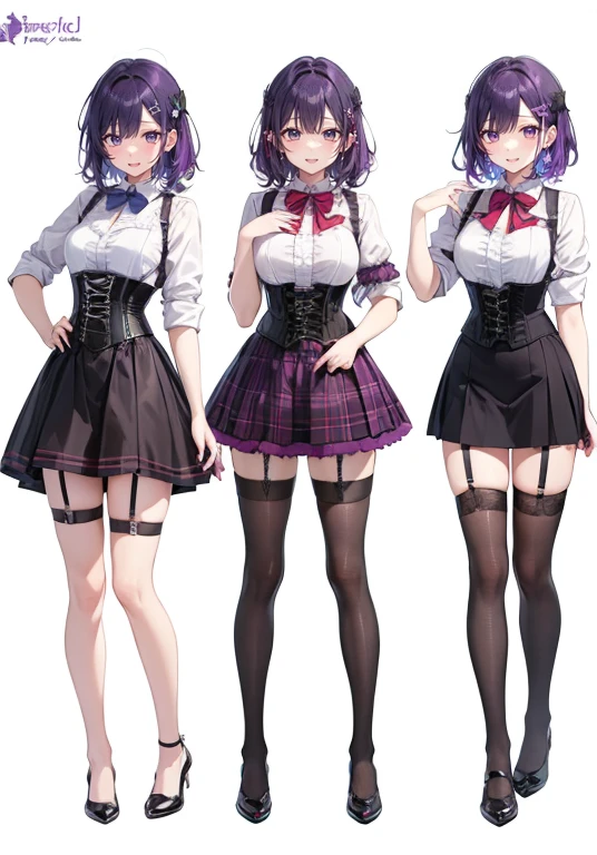 Purple hair,Shortcuts,Adult female,Bartender,((Body harness)),((Rolling up your sleeves shirt)),(Corset),(Tight skirt),((Garter belt)),(Heal),((Simple background)),Smile,((Full body)),((whole body)),Character Sheet,