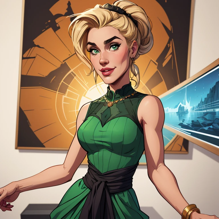 Blonde girl with short hair, blue eyes, With a green dress, tight on the body, marking the waist, Mini dress ,Short green latex dress, bodycon dress, cleavage, Neckline showing the entire chest defined and shiny breast