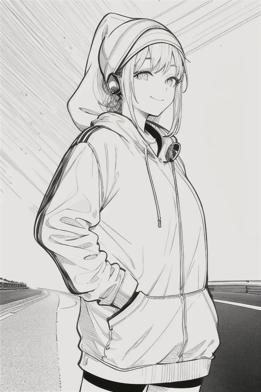 The best masterpiece,1 girl,alone,Incredibly nonsense.,hat,earphones, road,outdoor,neon light, smile softly, Head covering raised, hands in pocket, Facing straight, from the side, line art, Black & White, 