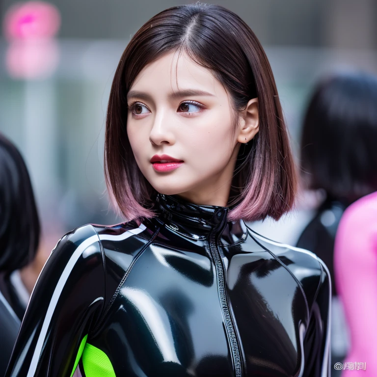 8k,超A high resolution,highest quality、masterpiece、Ultra - High resolution、(It looks real in the photo:1.4)、(1 girl)、long sleeve、(rubber black racing suit)、(mid short hair)、(wet hair)、super detailed human face、pink gloss lipstick