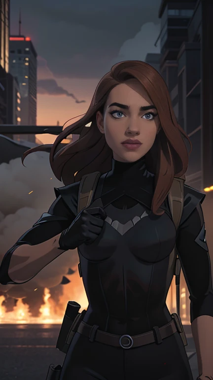 Foto hiperrealista en primer plano de Willa Fitzgerald, masterpiece, best quality, (photorealistic:1.4),  beautiful woman, skinny, small breasts, straight brown hair, detailed face, smile, photo taken from a distance, age 25 tears old, Special forces uniforms、Black tactical vest、black black Military trousers、Black combat gloves、rucksack、Black black military undershirt、Detailed facial and chest depictions、detailed hand depiction、Combat pose、Dynamic action、in the city、White smoke、watching at viewers