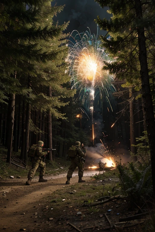 Soldiers are firing grenades into a forest; explosions are occurring.