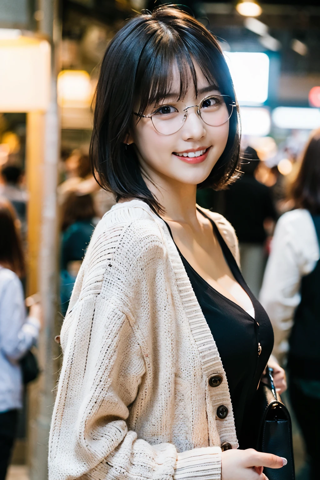 (8k、Raw photo、highest quality、masterpiece:1.2)、(Realistic、Photorealistic:1.37)、Ultra-detailed、超A high resolution、1 girl、Seeing the viewer、Beautifully detailed face、A smile with slightly visible teeth、narrow、(Narrow waist) :1.3)、((Wear a cardigan))、Pastel colored clothes、Beautifully detailed skin、Skin Texture、Floating Hair、((short hair))、Shapely large breasts、Professional Lighting、In front of the station at noon、((Black square glasses))、Human whole body、Black Hair、((Carrying a small handbag))、Wave one hand、