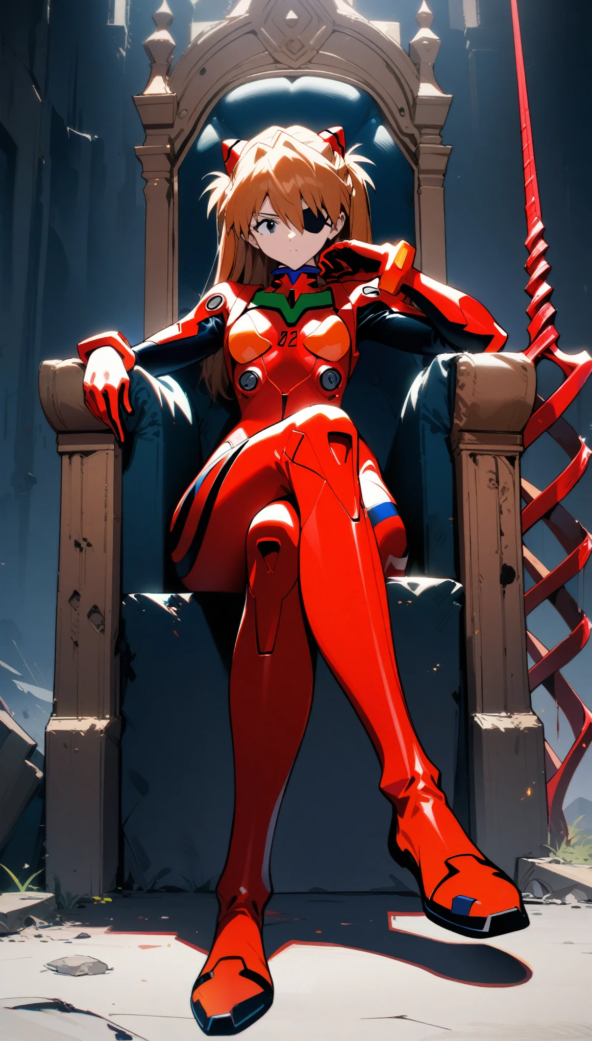 1girl, souryuu asuka langley, neon genesis evangelion, rebuild of evangelion, lance of longinus, cat hat, plugsuit, pilot suit, red bodysuit, sitting, crossed legs, black eye patch, throne, looking down, from bottom, looking at viewer, outdoors, masterpiece, best quality, very aesthetic, absurdres,oshiki hitoshi style