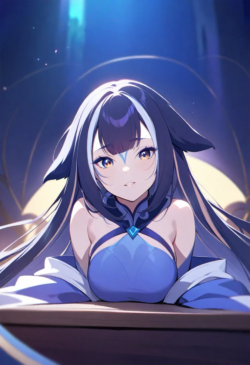 (shylily/(Twich/):1.5),(masterpiece:1.2),(best quality:1.2),Anime girl with long hair sitting on the table in the room, 4K quality,Ultra high quality,Novel cover illustration level,Azur lane skin vertical painting style,The girl's face is slightly reluctant,Focus on the characters,Fade the background
