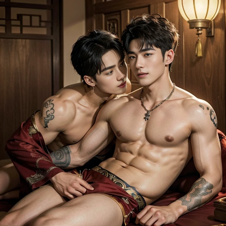 ( safe for work),Two handsome boys kissing, smiling at each other,hugging, kissing, touching lips, cuddle, romantic,skin ship, Chinese Men God, Mythology, realistic, Chinese odyssy, super Handsome,manly, kpop idol, handsome korean actor, 20 years old,, detailed face, manly jawline, detailed mess curly styling hair, Topless, Muscles, big breast Athlete body, Full Frame,full body shoots, realistic, human skin, tattoo breast, Professional studio Lighting, long red tibet wedding Outfit, jade and golden pendent all over , detailed jewery in dress, earings,Chinese ancient wedding Background,out door, super detailed background,look at camera , open mouth, japanese loincoth Underwear, big bulge, ,nice shape bulge, transparent underwear, tibet Warrior, Hanfu red wedding dress, tibet Male, tibet Nobel, Seduce , bare chest , tattoo chest, tattoo arms, tattoo hands, tattoo back, tattoo legs , tattoo belly, big juicy butts,