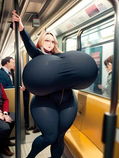 1girl, ((a person standing on a crowded subway train holding onto a pole with one hand while balancing a coffee cup in the other their body swaying slightly with the motion of the train)), (gigantic breasts), bodysuit, sfw, full body view