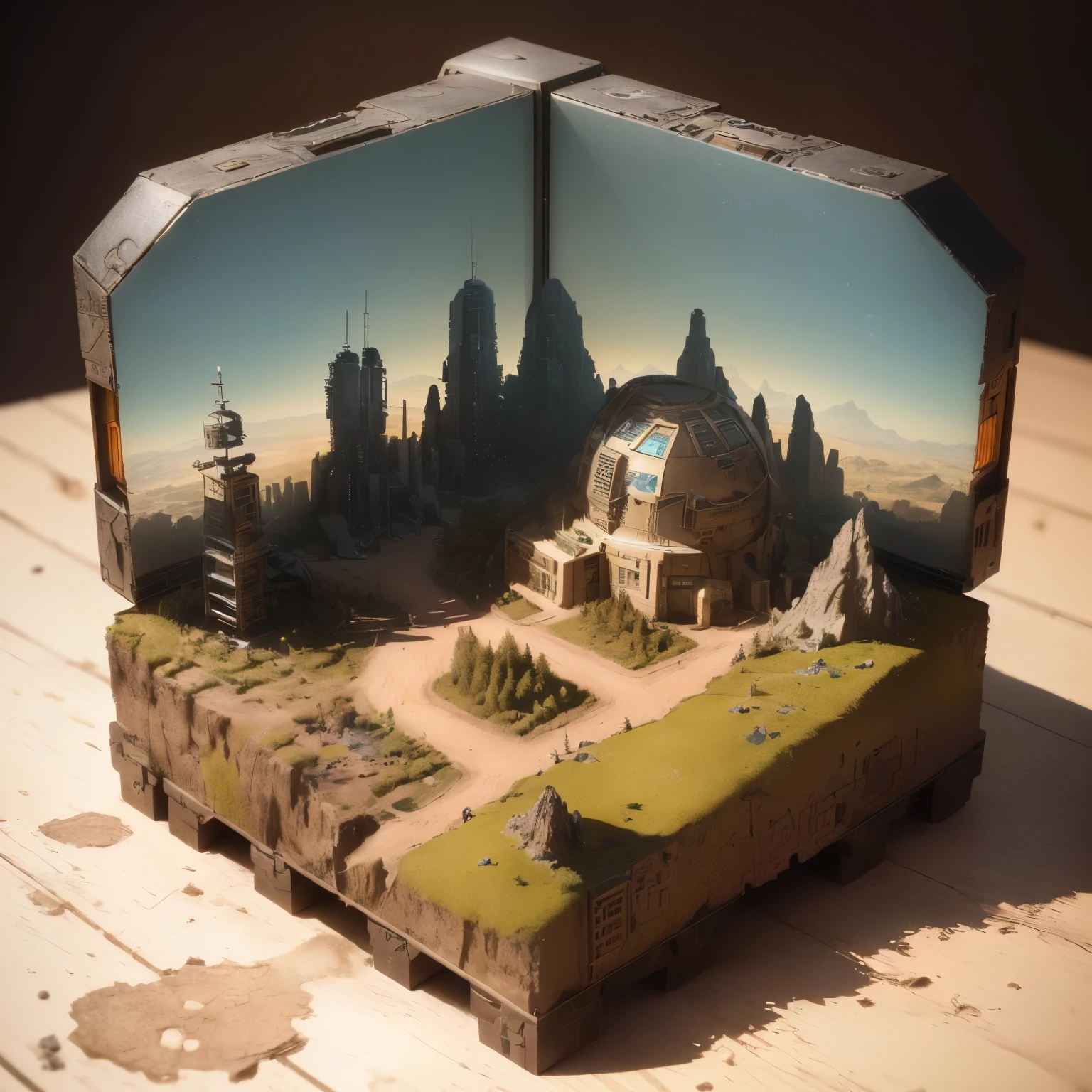 3598年Mars realistic model, (bifurcation, original photo, best quality, masterpiece:1.4),SteampunkCyberpunk6820 City,(CyberpunkMars light:1.3), Mars (related to land),(in a small nature box:1.3),Isometric, small nature, landscape on foundation,landscape,