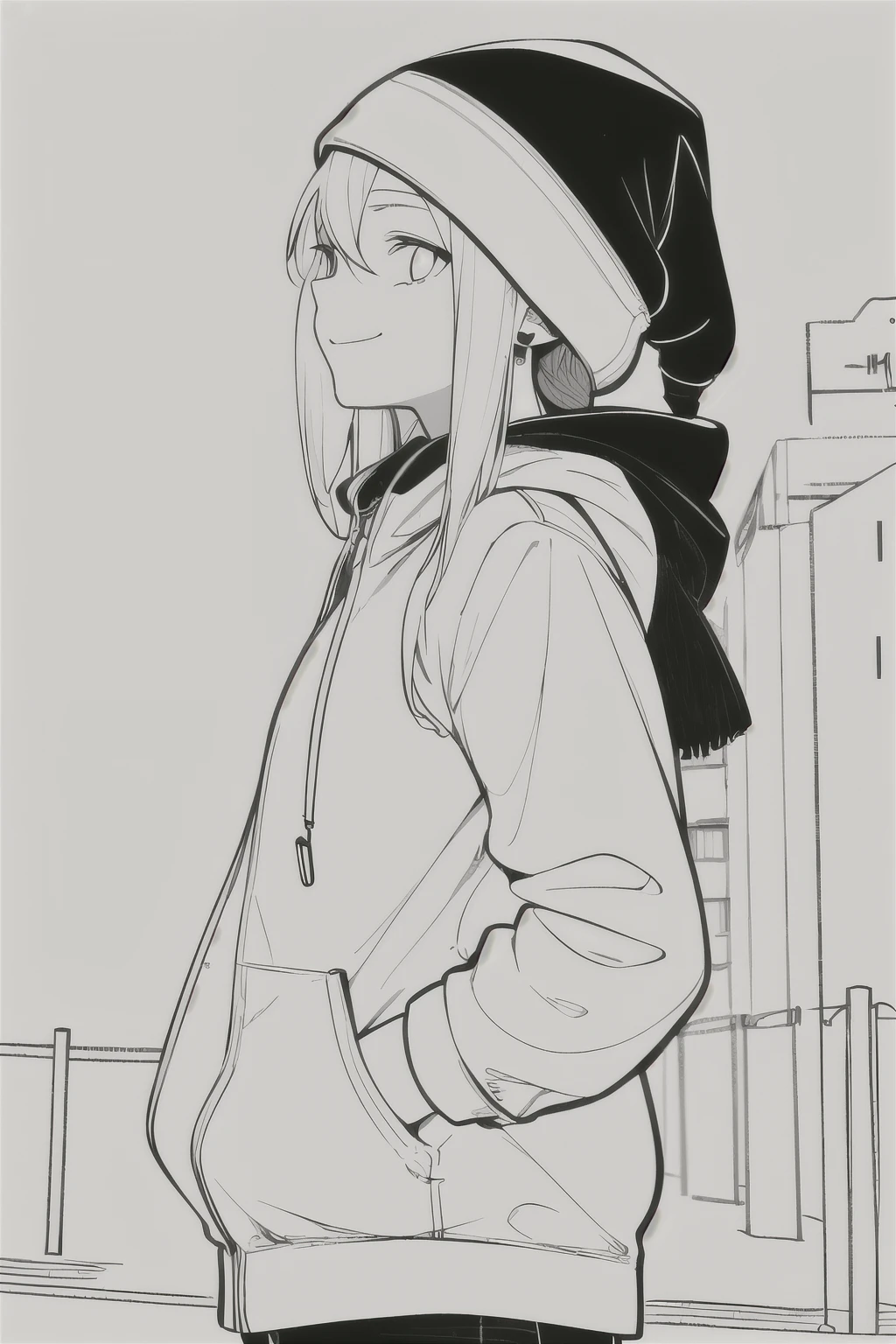 The best masterpiece,1 girl,alone,Incredibly nonsense.,hat,earphones, road,outdoor,neon light, smile softly, Head covering raised, hands in pocket, Facing straight, from the side, line art, Black & White,
