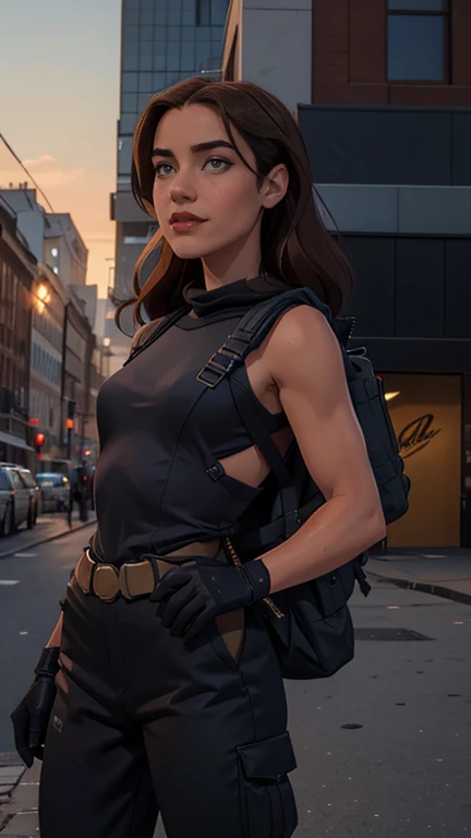 Foto hiperrealista en primer plano de Willa Fitzgerald, masterpiece, best quality, (photorealistic:1.4),  beautiful woman, skinny, small breasts, straight brown hair, detailed face, smile, photo taken from a distance, age 25 tears old, Special forces uniforms、Black tactical vest、black black Military trousers、Black combat gloves、rucksack、Black black military undershirt、Detailed facial and chest depictions、detailed hand depiction、Combat pose、Dynamic action、in the city、White smoke、watching at viewers