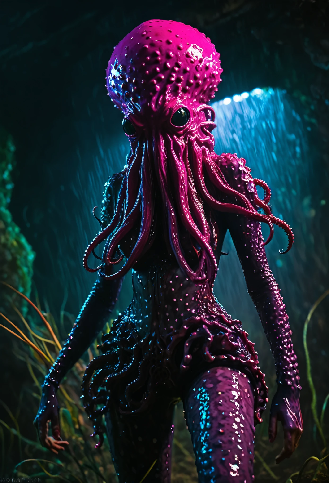 8K, ARTISTIC photogrAphy, best quAlity, mAsterpiece: 1.2), A (potrAit:1.2) witch Cthulhu soldier, FUCSIA-BLACK many octopus style tentacles, full body RAW candid cinema, red hair, 16mm, color graded portra 400 film, remarkable color, ultra realistic, sad admosphere, dark lighting, oppressive atmosphere, depressive colors, kodak portra 400, photograph,r, Natural Light, Pinhead lighgts, blur reflection, Brush Strokes, Smooth, abstract, Splatter, Oil On Canvas, rainbow colors, fractal isometrics details bioluminescens : a stunning realistic photograph of wet bone structure, 3d render, octane render, intricately detailed, titanium decorative headdress, cinematic, trending on artstation | Isometric | Centered