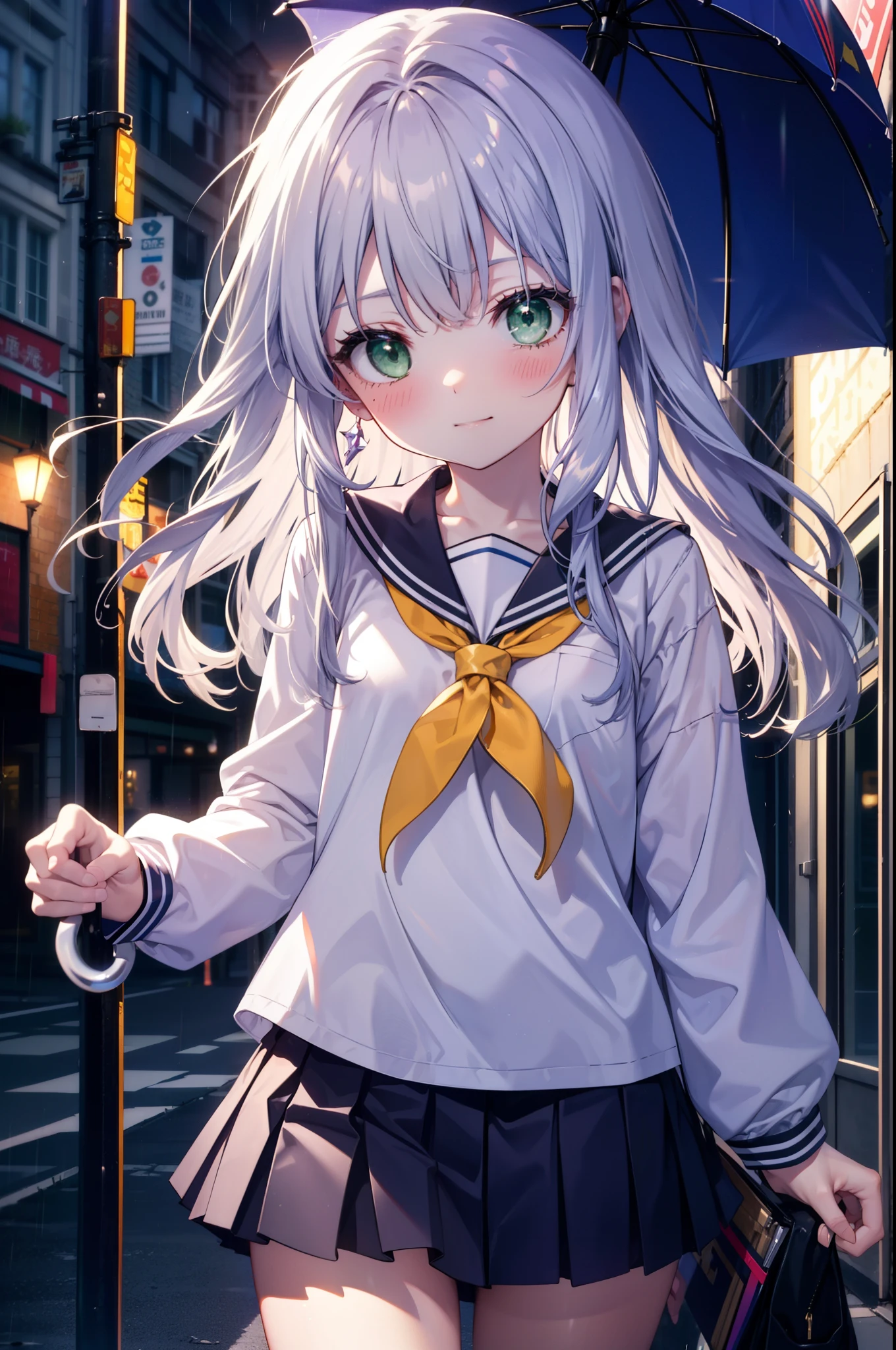 index, index, (Green Eyes:1.5), Silver Hair, Long Hair, (Flat Chest:1.2),smile,blush,Embarrassing,Upper Eyes, uniform(Purple sailor suit),Purple pleated skirt,White tights,Brown Loafers,rain,cloudy,彼女は透明なumbrellaを持ち,umbrella,umbrellaのグリップを両手で掴んで持っている,evening,
break looking at viewer, Upper Body, whole body,(Cowboy Shot:1. 5)
break otdoors,In town,Building district,
break (masterpiece:1.2), highest quality, High resolution, unity 8k wallpaper, (figure:0.8), (Beautiful fine details:1.6), Highly detailed face, Perfect lighting, Highly detailed CG, (Perfect hands, Perfect Anatomy),