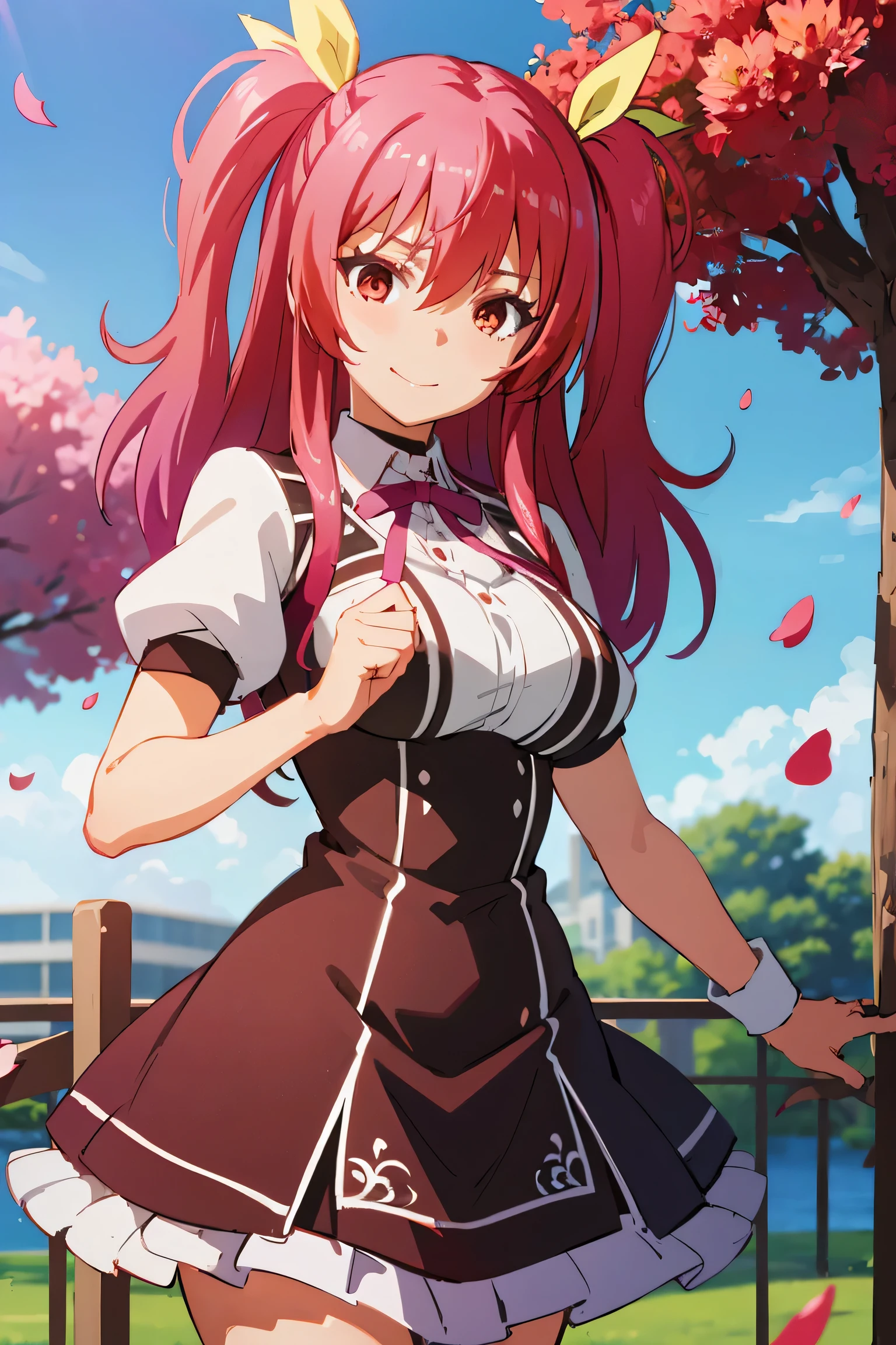 Highly detailed, High quality, Masterpiece, Beautiful, (Medium long shot), 1 woman, alone, Stella Vermillion, happy, ruby ​​eyes, crimson hair, 2 pigtails, wearing a , in park, posing for a wallpaper, falling petals, detailed background