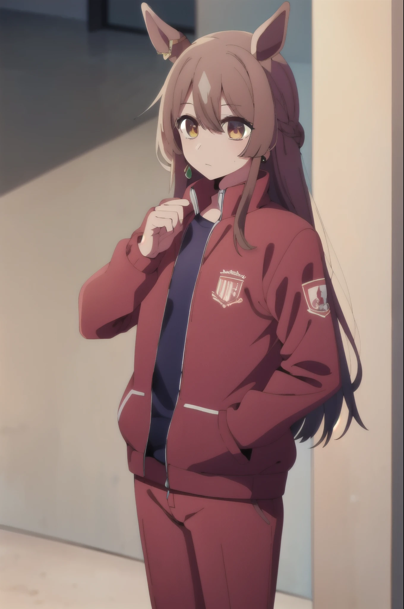 masterpiece, highest quality, High resolution, Food, Long Hair, Half Up, Braiding, Hair between the eyes, Animal ears, earrings, Horse tail, chest, Track jacket, Red jacket, Long sleeve, Track pants, Red trousers, Are standing, Cowboy Shot