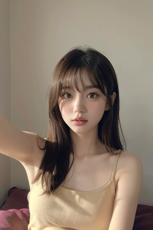 ((Selfie))、Woman relaxing on the bed、Lean against the headboard、Hold a cushion on your lap、Have fun talking、Burgundy long hair、Innocent woman、 captivating and mesmerizing, girl friend, Natural Fashion、半袖とスカートcaptivating and mesmerizing, Ekaterina, She is about 20 years old, she is about 20 years old,  Good young girl, Sexy Girls、Beige walls