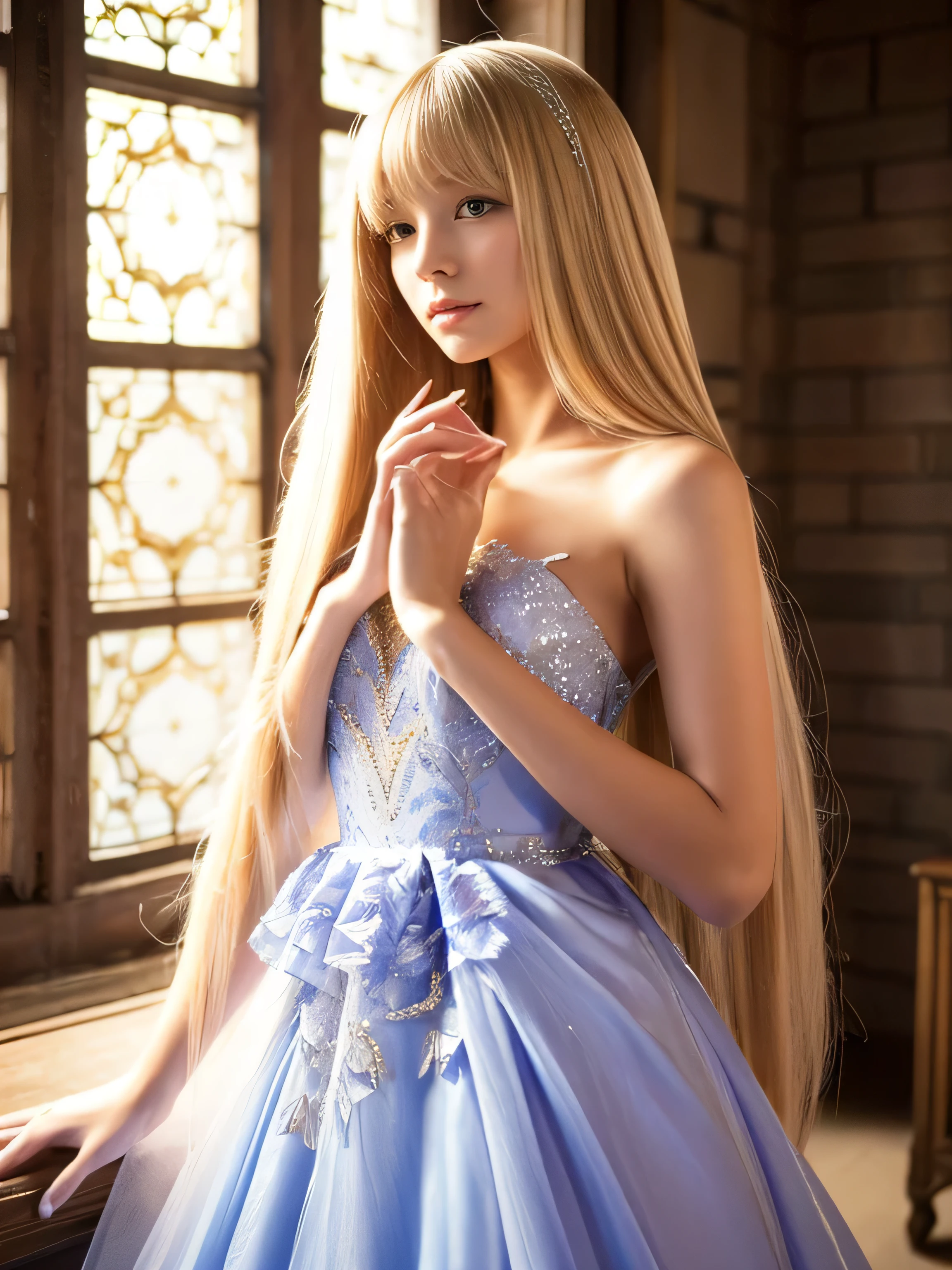 ((whole body))　(big 1.4)　Beautiful Fantasy Girl　((highest quality)), ((masterpiece)), (Get used to it), Perfect Face　(1 girl)　(French)　(she is 15 years old、The cutest teen in France.)　((highest quality)), ((masterpiece)), length blonde hair 　length, Shining golden hair,Golden Silky Hair, Straight blonde hair, length blonde straight hair, Perfect Silky Straight Hair, Straight blonde hair, length blonde hair, Her hair is long and straight., detailed length blonde hair　((big 1.4))　Super Long Hair down to the ankles　((Neat bangs　The neatly trimmed bangs are princess cut and cover the entire forehead......))...　Bright crimson lips　good, Anatomically correct hand　Thin fingers　Anatomically correct five fingers　Sexy professional makeup　Beautiful French girl face, French facial features, Long Hair shiny Long Hair, length, Shining golden hair, length, Straight Golden Hair, Her hair is long and straight., Super Long Hair girl, Silky Hair, length blonde hair, Silky Hair, length, Flat Hair, Silky texture, Long Hair, length, flowing blonde hair, thin and shiny hair　Anatomically correct、White beautiful human skin and detail of hands and fingers　Beautiful Eyes　Mouth Details　the corners of the mouth rise slightly　Cool look　　(The eyebrow color is dark brown.)　　(Yellow dress posing for a picture, Disney Portraits, tumbler, shin hanga, wearing organza gown, dressed beautiful gown, lady using Yellow dress, color: Yellow, A woman wearing a sparkly floral dress, elegant Yellow skin, gown, Fantasy Dress, Formal Wear, light Yellow　beautiful gown, Yellow theme　)　(A church with high quality stained glass..)　(she&#39;Random Pause)　(Random model standing pose)　(She is giving a mischievous smile to the viewers.)