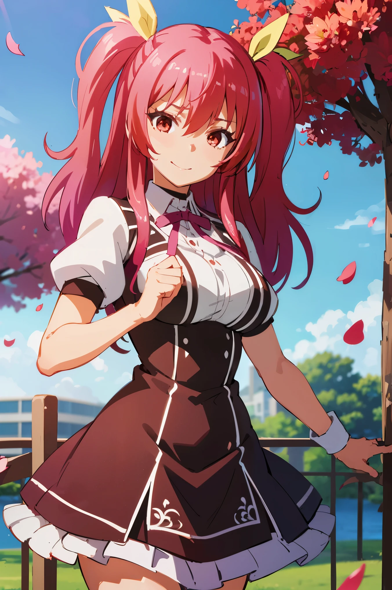 Highly detailed, High quality, Masterpiece, Beautiful, (Medium long shot), 1 woman, alone, Stella Vermillion, happy, ruby ​​eyes, crimson hair, 2 pigtails, wearing a , in park, posing for a wallpaper, falling petals, detailed background