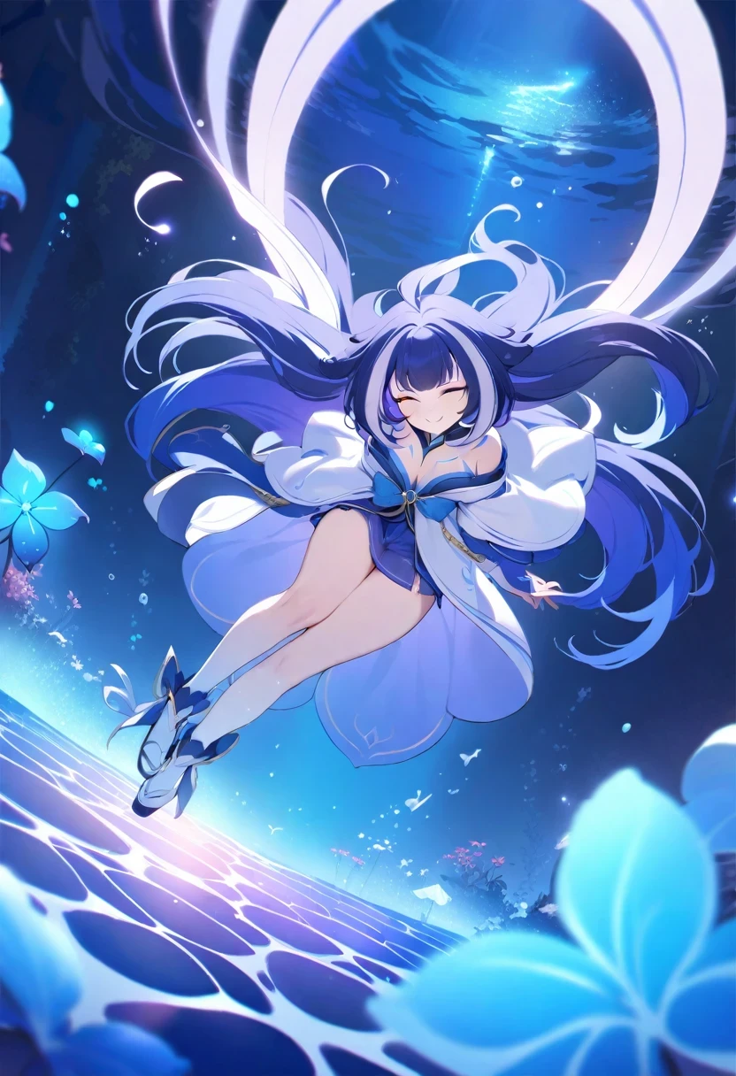 (shylily/(Twich/):1.5),(masterpiece:1.2),(best quality:1.2),、(illustratio)、((extremely delicate and beautiful))、、Bright smile、floating、(Detailed light) (1girl in)、、solo、The long-haired、The wind is blowing、A WORLD、(cute eye)、the complex background、Underwater fantasy world、fish flocks、Glowing jellyfish、colourfull、(abyss))、Staggered Platform of the Abyss、Glowing seabed plants、