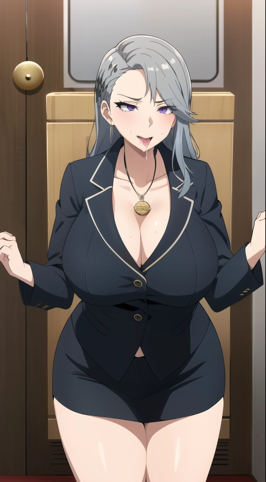 masterpiece, 1 girl, alone, Shortcuts, , Niijima Sae (Person 5)、Big Breasts, Mature Woman, Glare,Sharp Eyes, Silver Hair、Lilac eyes, Empty Eyes LoRA / Utsurome / Hypnotic Suggestion,Black office suit,Black tight skirt, Pose standing thigh sex,Thick thighs, Hypnosis Pendulum,Hypnotic state, Hypnosis Pendulum / Coin on String / Saimin,Drooling,Drooling from the mouth,Hypnotic stateの目,Cross-eyed,Sticking out tongue