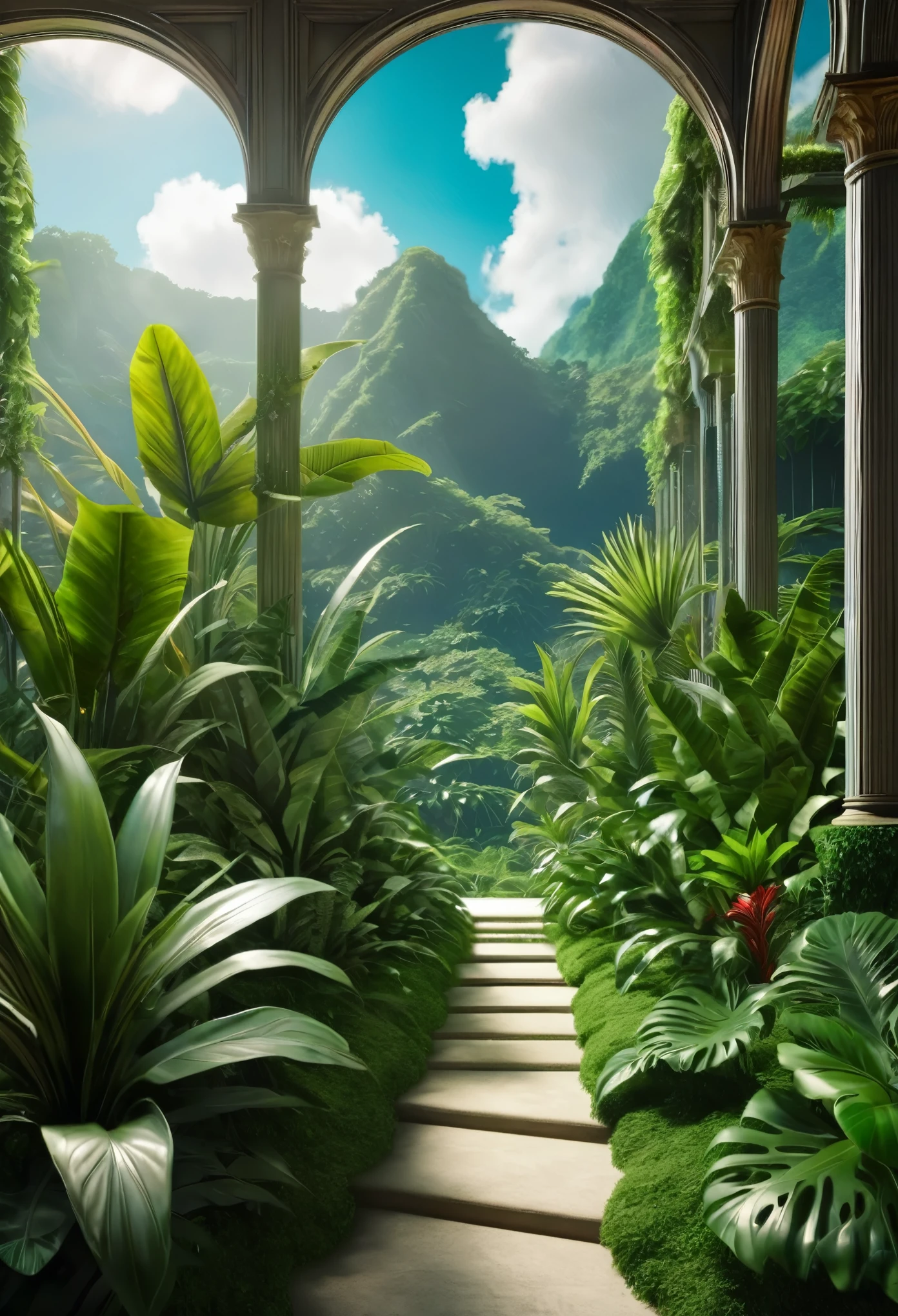 Ultra realistic scene, Parallel World, plante tropicale d'un autre monde comme dieu, culte, fleurs tropicales, art inhabituel, art unique, fond de ciel bleu d'summer, sunlight, bright sunlight, mixeur, rendu du produit, HD 8K, different entities, Extraterrestre, dune