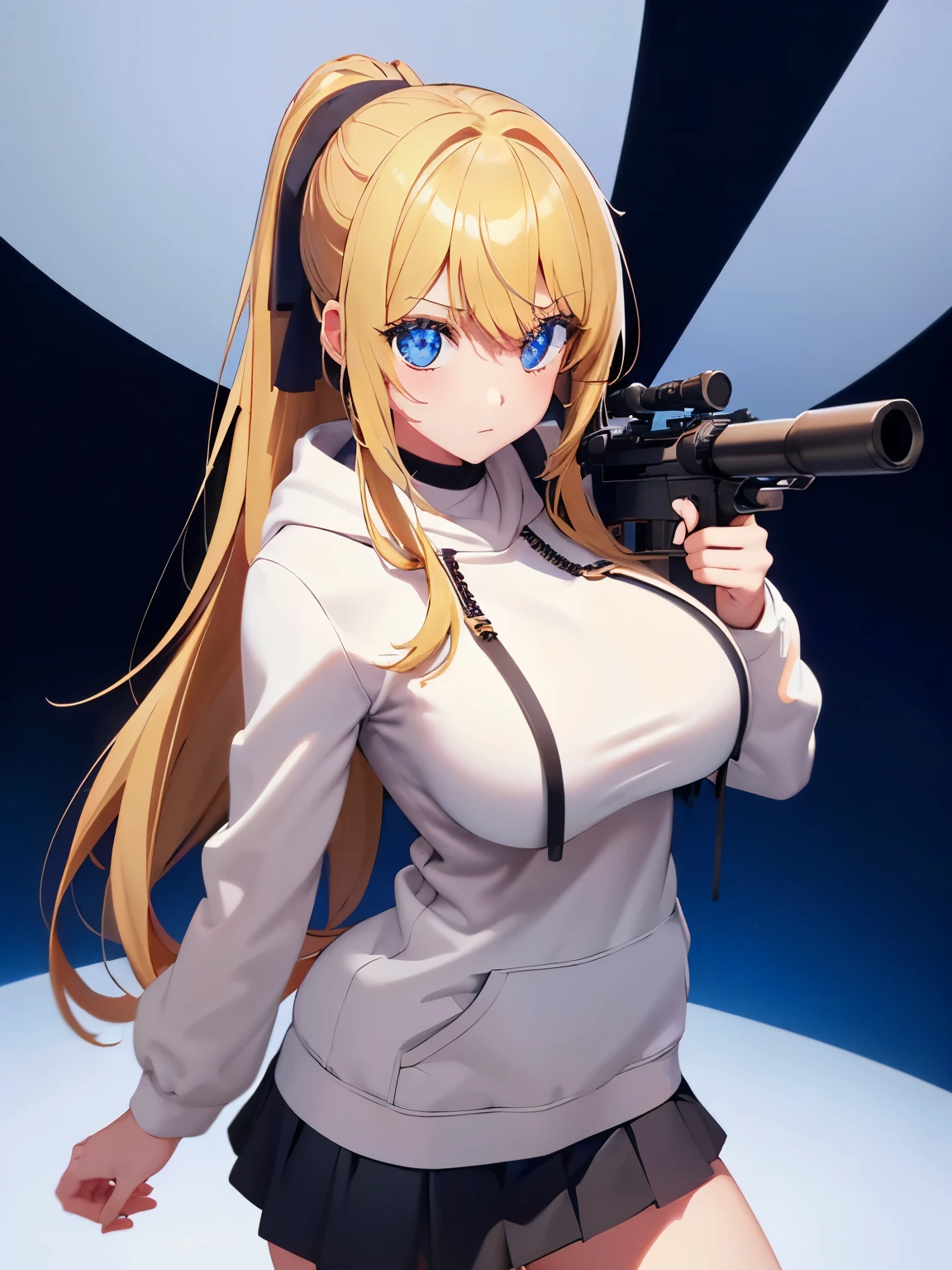 1woman,super beautiful,Stand,Holding a sniper,,half body photo,Beautiful eyes, very detailed face,cute,HD face, perfect face, white hoodie,long hoodie,black mini skirt,Very big breasts,Blonde hair,long hair,ponytail,bangs,blue eyes,ultra detail,ultra Hd, masterpiece,4k
