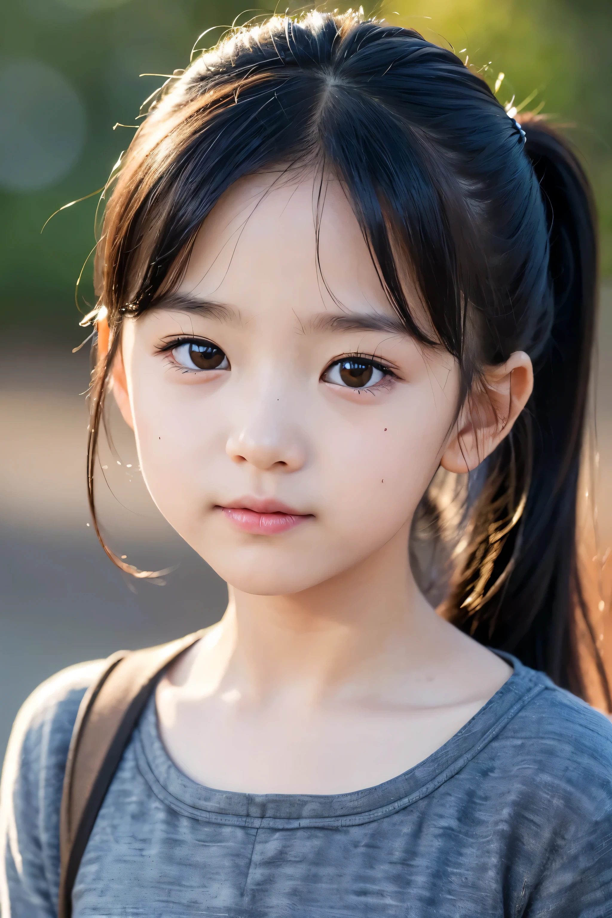 (masterpiece, best quality:1.4), 4k, high resolution, (photo realistic:1.2), (portrait photography:1.2), ultra-detailed, detailed skin, detailed eyes, solo, japanese, (little kid girl:1.3), cute, black hair, ponytails, wavy hair, (tan skin), shy, golden hour, cinematic lighting, cinematic shadows, simple background, (looking at viewer:1.4)