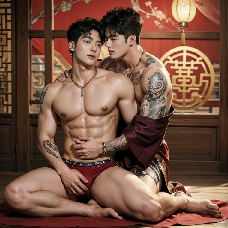 ( safe for work),Two handsome boys kissing, smiling at each other,hugging, kissing, touching lips, cuddle, romantic,skin ship, Chinese Men God, Mythology, realistic, Chinese odyssy, super Handsome,manly, kpop idol, handsome korean actor, 20 years old,, detailed face, manly jawline, detailed mess curly styling hair, Topless, Muscles, big breast Athlete body, Full Frame,full body shoots, realistic, human skin, tattoo breast, Professional studio Lighting, long red tibet wedding Outfit, jade and golden pendent all over , detailed jewery in dress, earings,Chinese ancient wedding Background,out door, super detailed background,look at camera , open mouth,  japanese loincoth Underwear, big bulge, ,nice shape bulge, transparent underwear,  tibet Warrior, Hanfu red wedding dress, tibet Male, tibet Nobel, Seduce , bare chest , tattoo chest, tattoo arms, tattoo hands, tattoo back, tattoo legs , tattoo belly, big juicy butts, 