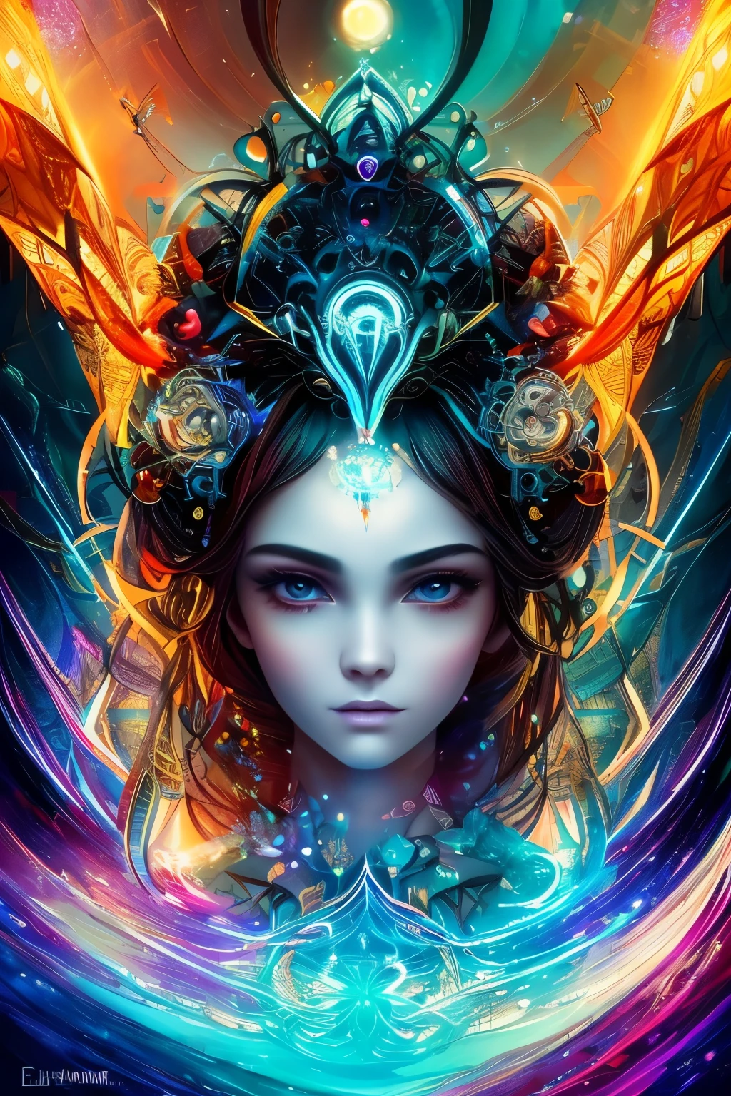 ai inner data mind process workings relation to love 8k, glass, A glass-like alien floral monument bioluminescence , humanoid structure entangled in a star light back ground, is displayed in out realms, stary background, its intricate details and vibrant colors radiating from the pedestal’s futuristic light, reds orange and blues, gravity waves, fractals, quantum entanglement, string theory, ultra bright lights, massive distortion, strobing colored lights, Diving Into The Ether Flowing with The Eternal Soul Through Vibration of love, everything is connected, Flowing energy, Spiritual, divine, dreamlike, cosmic, concept art, mind blowing, feminine beauty, god, pineal gland, dreamlikeart, (best quality,8K,highres,masterpiece), ultra-detailed, (surreal portrait of flawless Android beauty), a flawless Android beauty portrayed in a surreal portrait style using hand-tinted acrylics. The portrait showcases a hyper-detailed face with flawless black shiny eyes, exuding an otherworldly allure. The Android's long, messy "hair" consists of intricate circuitry patterns, adding to the surreal and futuristic aesthetic. Rendered in the style of Gabriel Pacheco, the portrait is a stunning masterpiece with perfect composition and beautiful hyper-detailing. Every aspect of the Android's appearance is depicted with hyper-realism, capturing the intricacies of her features with sharp focus and high-quality execution. Feel free to add your own creative touches to enhance the surreal beauty and artistic impact of this captivating portrait.,breasts,real_booster,real-gurl