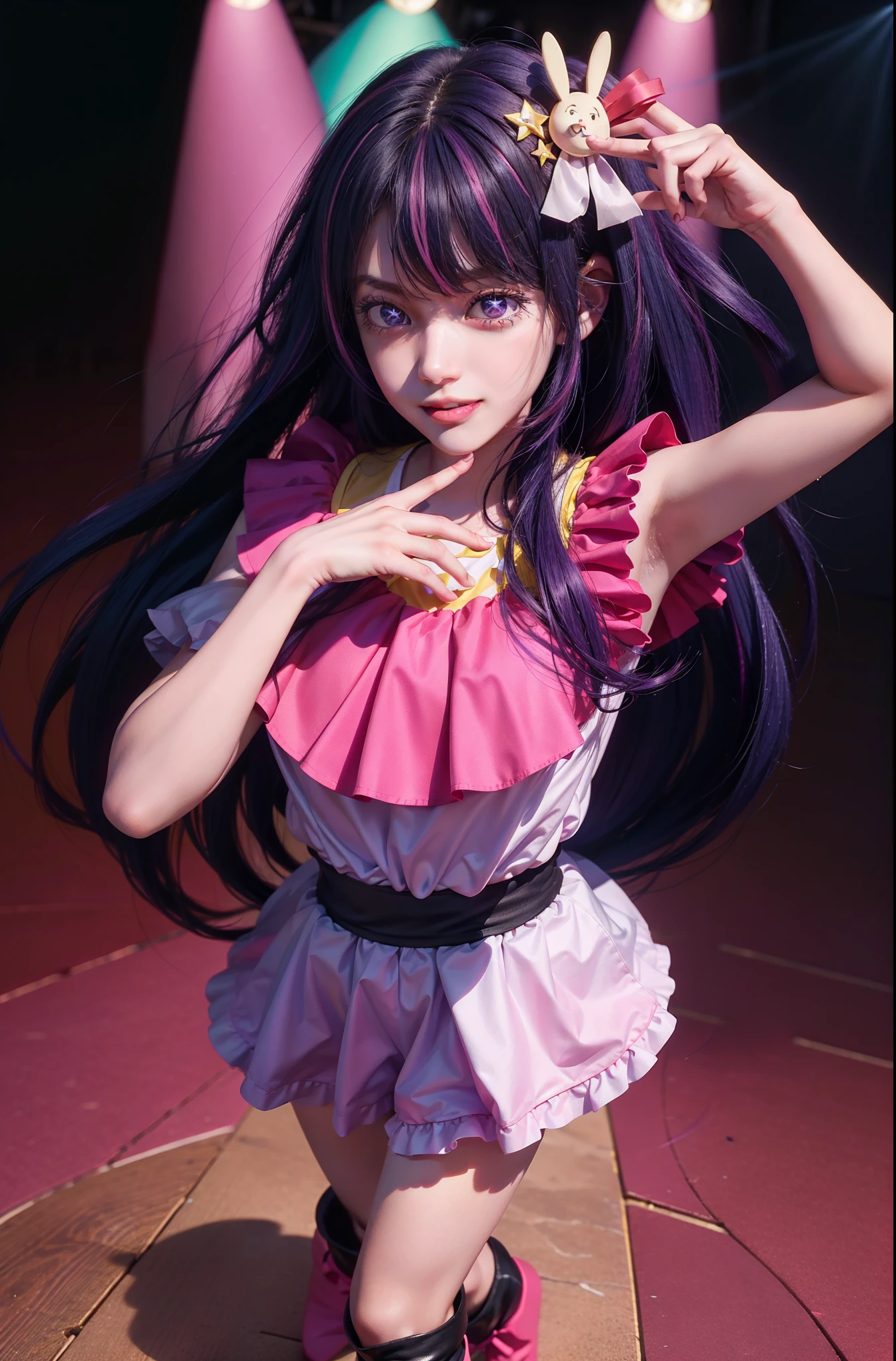 (masterpiece), best quality, expressive eyes, perfect face, highres, (8k), (perfect face), (ultra details), Hoshino Ai, long hair, purple hair, streaked hair ,purple eyes, star-shaped pupils, hair ornament, frills, pink boots, pink shirt, smile, sleeveless, shirt, idol, illumination, colorfulness, concert vibes, standing, portrait, stage backgrond, posing, looking at the viewer, full body