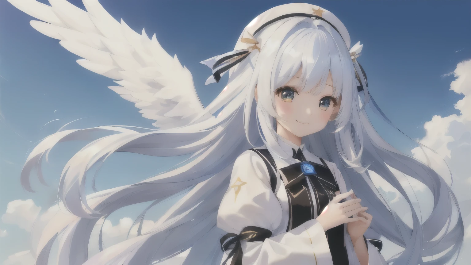 Girl Character　With angel wingont々I see you flying in the sky。long hair and white hair((Chibi Character))、fluffy、With a girl、Chibi Character、Whole Body Ezbian、pastel colour、Tabletop、highest quality、The center is large、smile