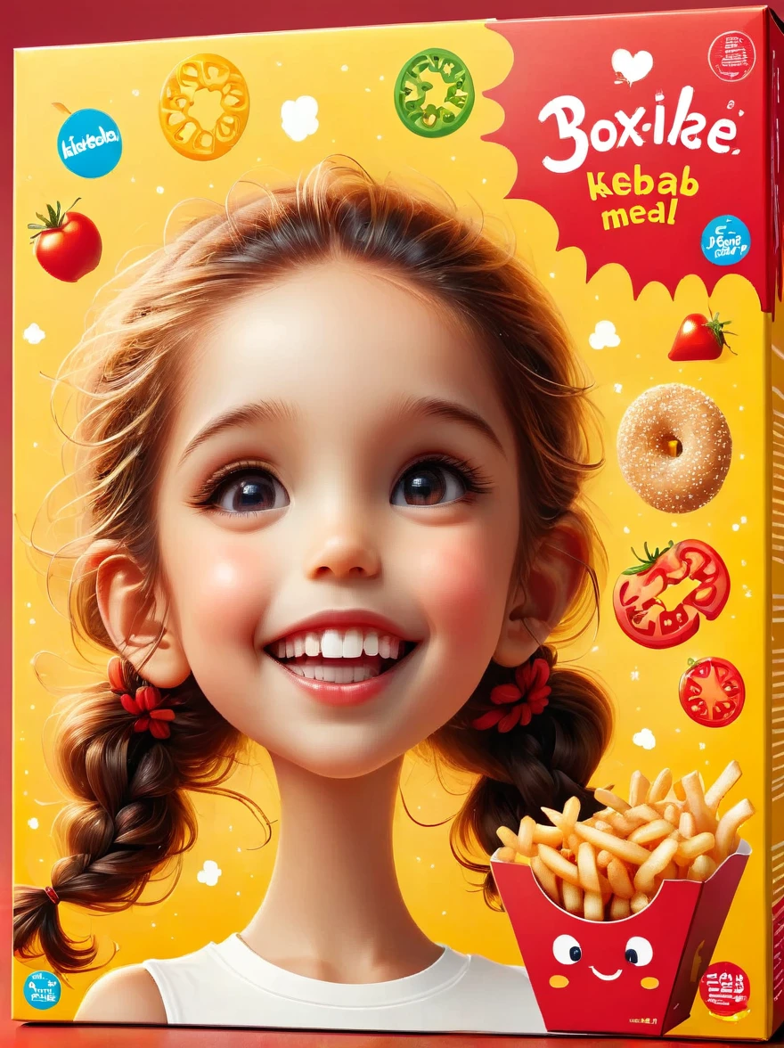 Generate an image of a child-friendly food packaging box, similar in shape to a Happy Meal box. The words 'BoxKebab' should stand prominently on it. The box should be decorated in vivid red and yellow colors. Embellish it with small, playful images of a kebab, fries, and a salad. Also, incorporate cheerful smiley faces into the design to make it appealing to children.