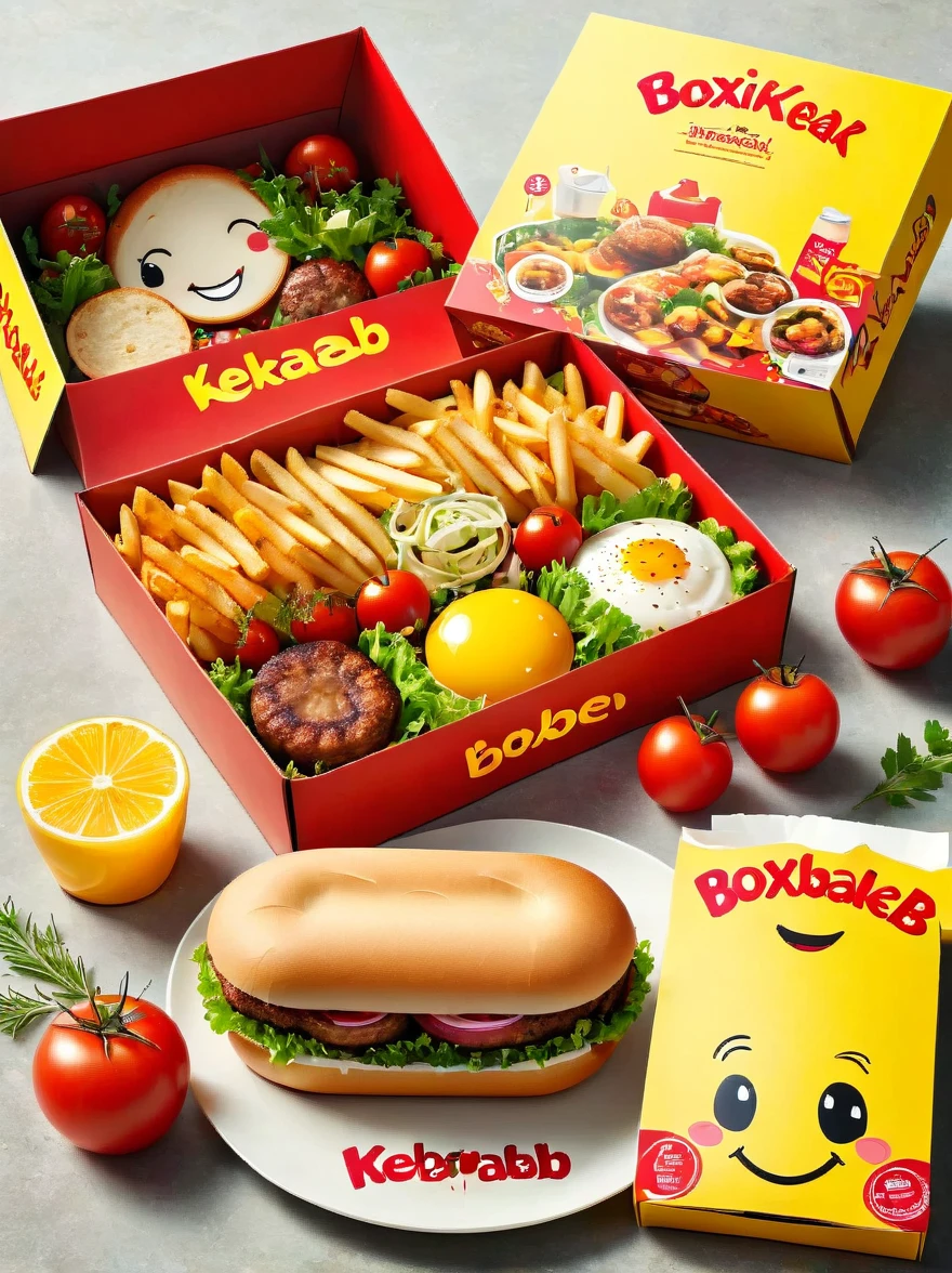 Generate an image of a child-friendly food packaging box, similar in shape to a Happy Meal box. The words 'BoxKebab' should stand prominently on it. The box should be decorated in vivid red and yellow colors. Embellish it with small, playful images of a kebab, fries, and a salad. Also, incorporate cheerful smiley faces into the design to make it appealing to children.