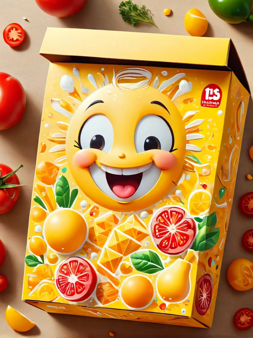 Generate an image of a -friendly food packaging box, similar in shape to a Happy Meal box. The words 'BoxKebab' should stand prominently on it. The box should be decorated in vivid red and yellow colors. Embellish it with small, playful images of a kebab, fries, and a salad. Also, incorporate cheerful smiley faces into the design to make it appealing to children.