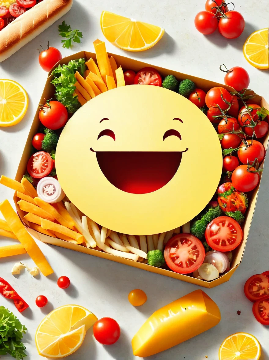 Generate an image of a child-friendly food packaging box, similar in shape to a Happy Meal box. The words 'BoxKebab' should stand prominently on it. The box should be decorated in vivid red and yellow colors. Embellish it with small, playful images of a kebab, fries, and a salad. Also, incorporate cheerful smiley faces into the design to make it appealing to children.