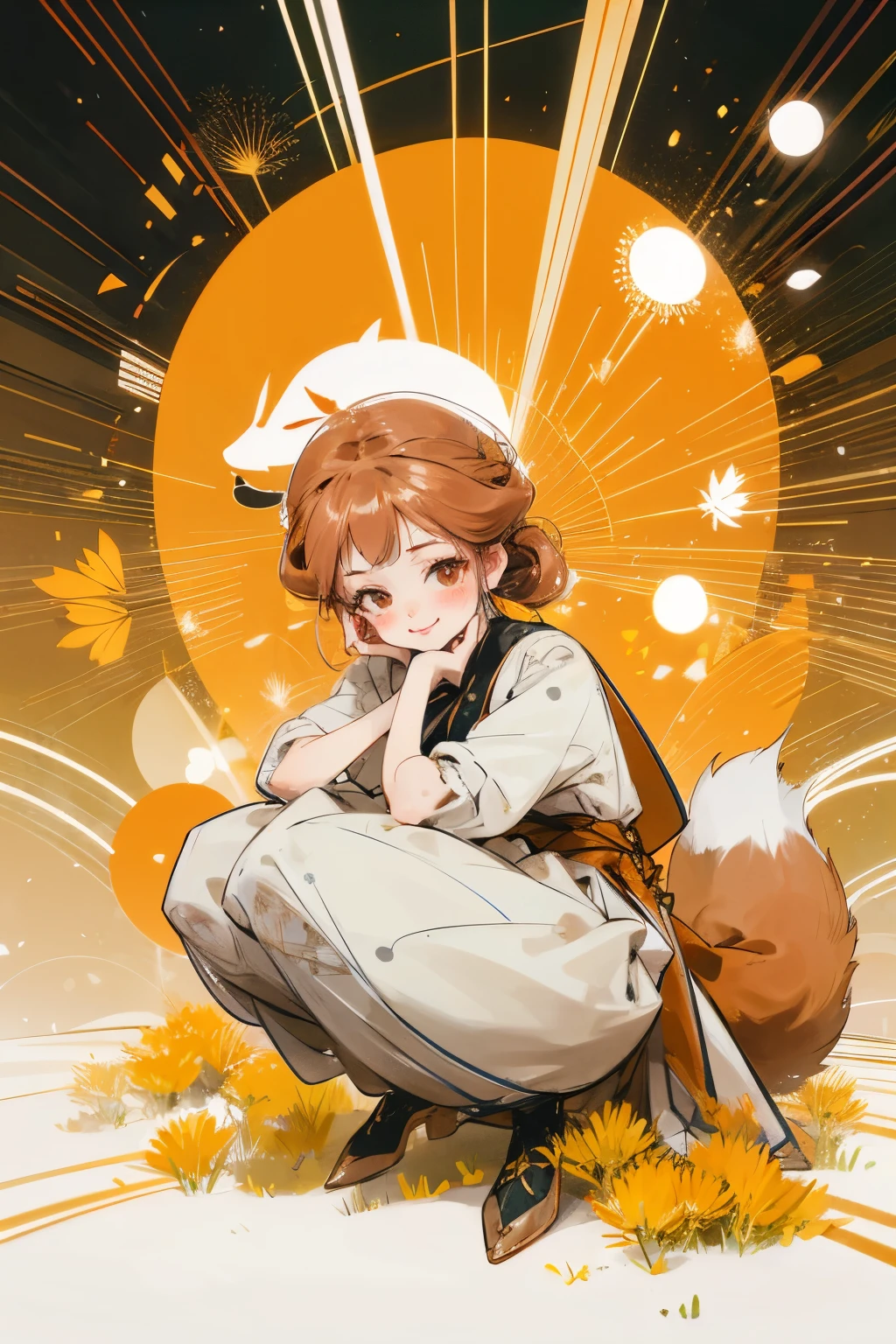 A fox-human girl surrounded by countless dandelion seeds, stylish clothes, cute clothes, squatting, smiling, blushing, looking at the viewer, a fox's big tail