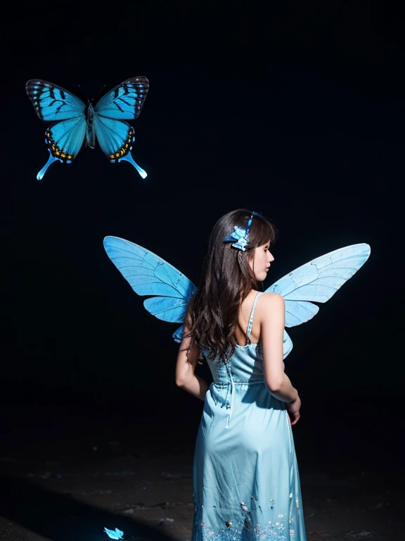 ((masterpiece, highest quality, Best image quality, High resolution, Realistic, RAW Photos, 8k)), ((Highly detailed CG synthesis 8k wallpaper)), A blue butterfly dancing in the starry sky, Giant butterfly wings seen from behind, (Blue Glowing Wings), Blue wings shining in the dark night, Fluttering summer dress,