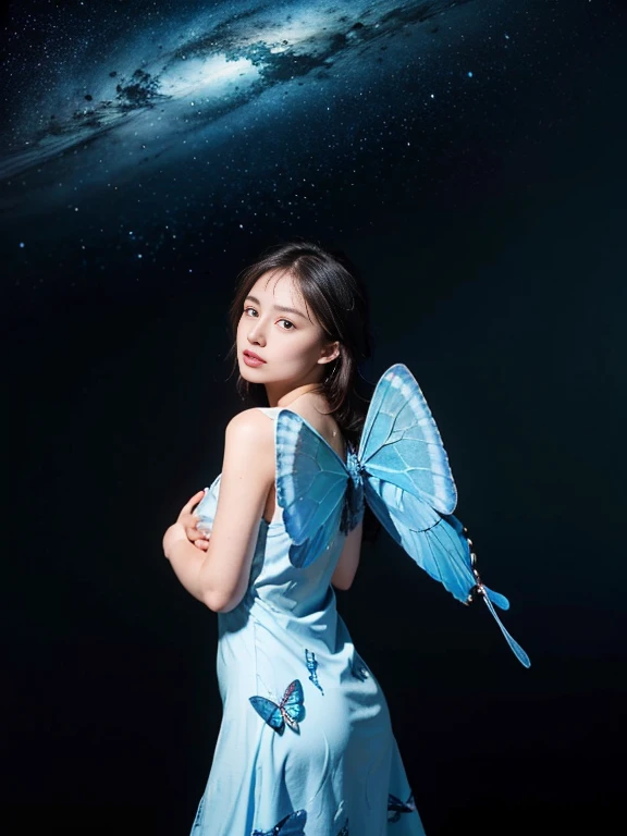 ((masterpiece, highest quality, Best image quality, High resolution, Realistic, RAW Photos, 8k)), ((Highly detailed CG synthesis 8k wallpaper)), A blue butterfly dancing in the starry sky, Giant butterfly wings seen from behind, (Blue Glowing Wings), Blue wings shining in the dark night, Fluttering summer dress,
