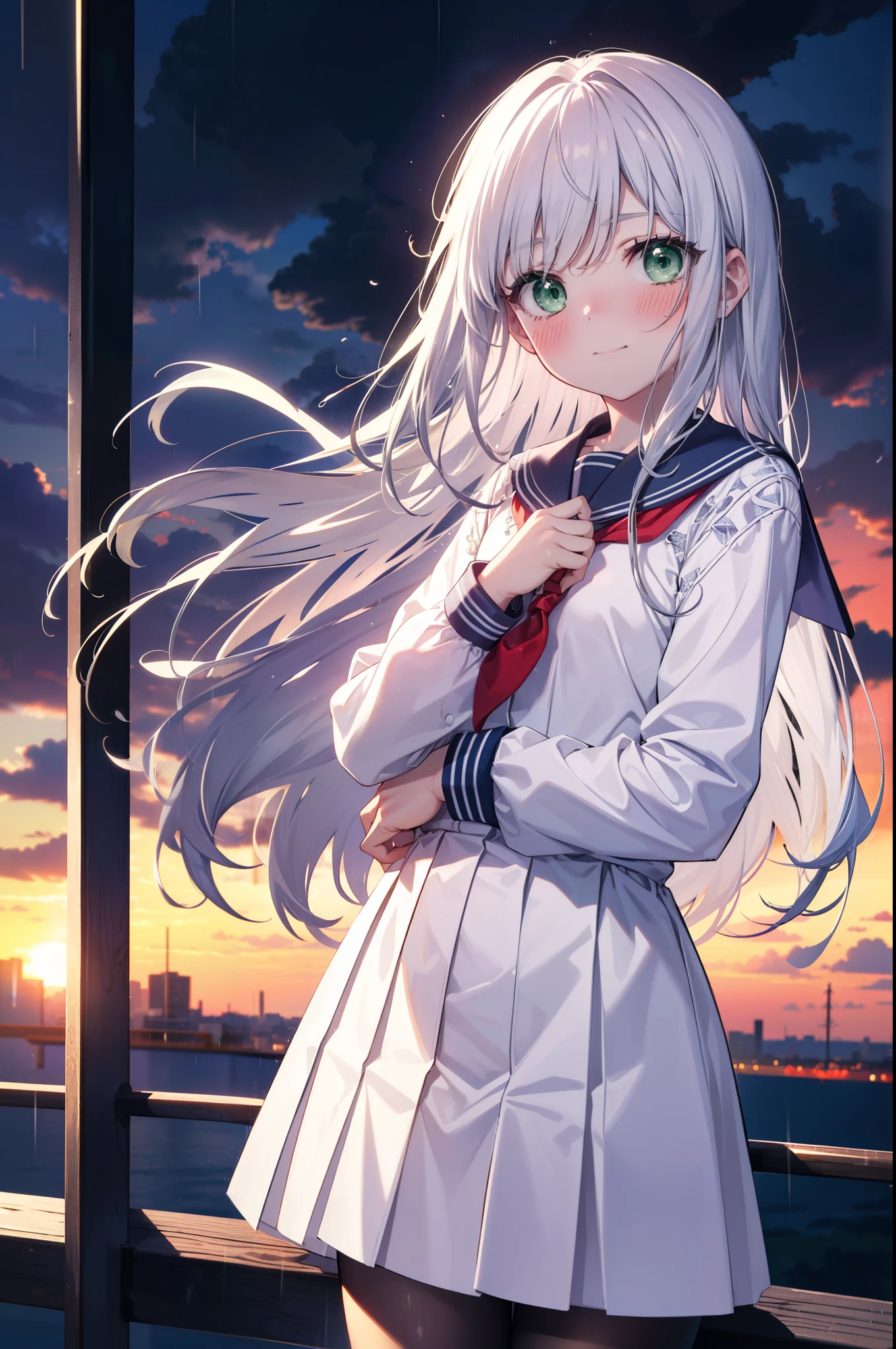 index, index, (Green Eyes:1.5), Silver Hair, Long Hair, (Flat Chest:1.2),smile,blush,Embarrassing,Upper Eyes, uniform(Purple sailor suit),Purple pleated skirt,White tights,Brown Loafers,rain,cloudy,彼女は透明なumbrellaを持ち,umbrella,umbrellaのグリップを両手で掴んで持っている,evening,
break looking at viewer, Upper Body, whole body,(Cowboy Shot:1. 5)
break otdoors,In town,Building district,
break (masterpiece:1.2), highest quality, High resolution, unity 8k wallpaper, (figure:0.8), (Beautiful fine details:1.6), Highly detailed face, Perfect lighting, Highly detailed CG, (Perfect hands, Perfect Anatomy),