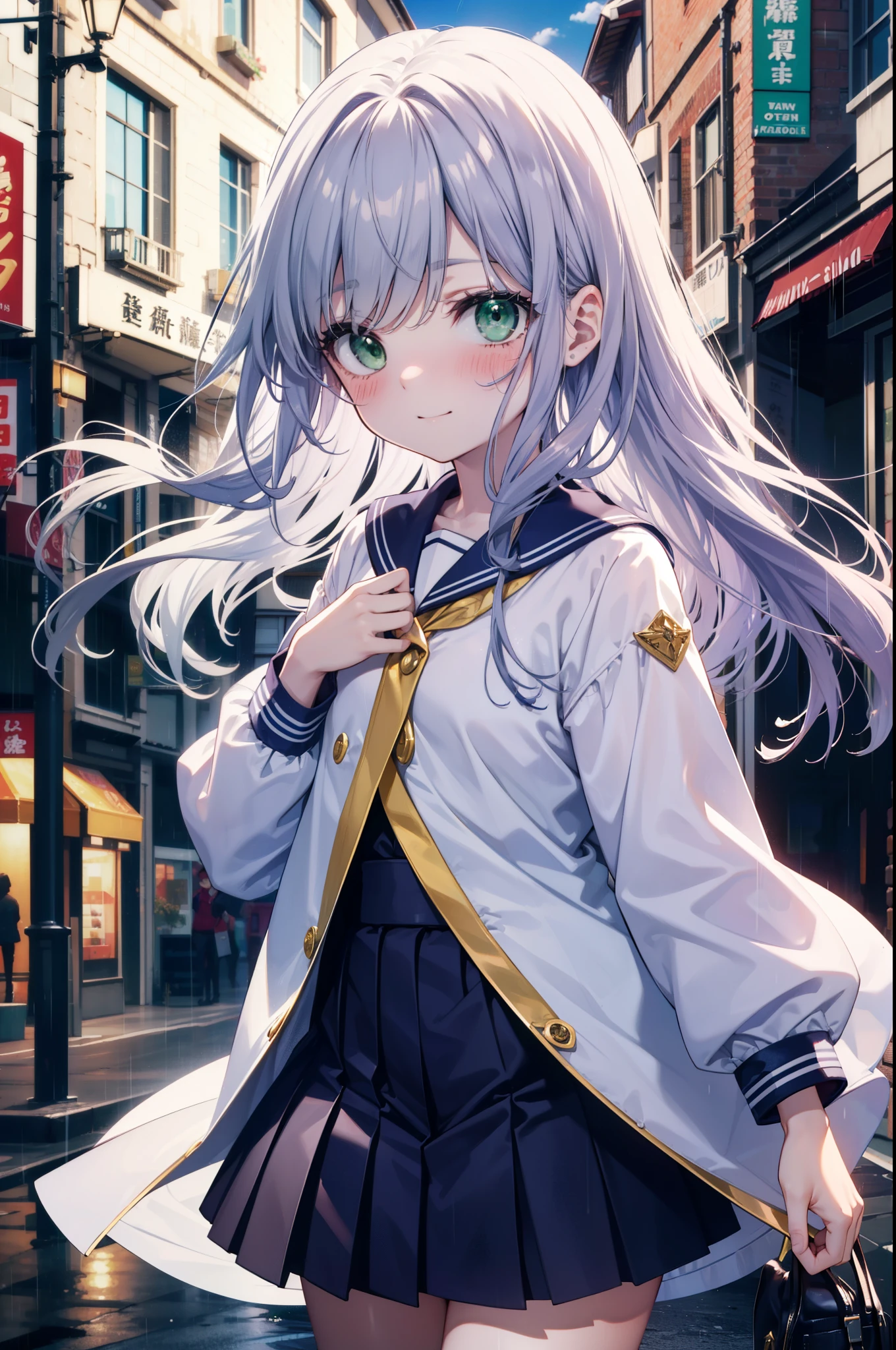 index, index, (Green Eyes:1.5), Silver Hair, Long Hair, (Flat Chest:1.2),smile,blush,Embarrassing,Upper Eyes, uniform(Purple sailor suit),Purple pleated skirt,White tights,Brown Loafers,rain,cloudy,彼女は透明なumbrellaを持ち,umbrella,umbrellaのグリップを両手で掴んで持っている,evening,
break looking at viewer, Upper Body, whole body,(Cowboy Shot:1. 5)
break otdoors,In town,Building district,
break (masterpiece:1.2), highest quality, High resolution, unity 8k wallpaper, (figure:0.8), (Beautiful fine details:1.6), Highly detailed face, Perfect lighting, Highly detailed CG, (Perfect hands, Perfect Anatomy),