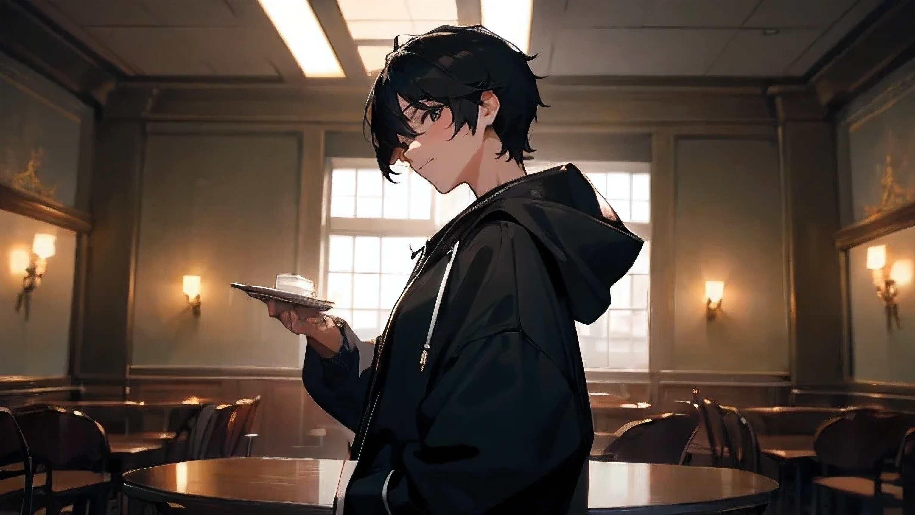 Beautiful illustrations, highest quality, Handsome high school student,Boyfriend , Stylish cafe, , Beautiful black hair, Beautiful and exquisite black eyes, Cinema Lighting, View your viewers, Happy , Black hoodie , 8k , Entertainer