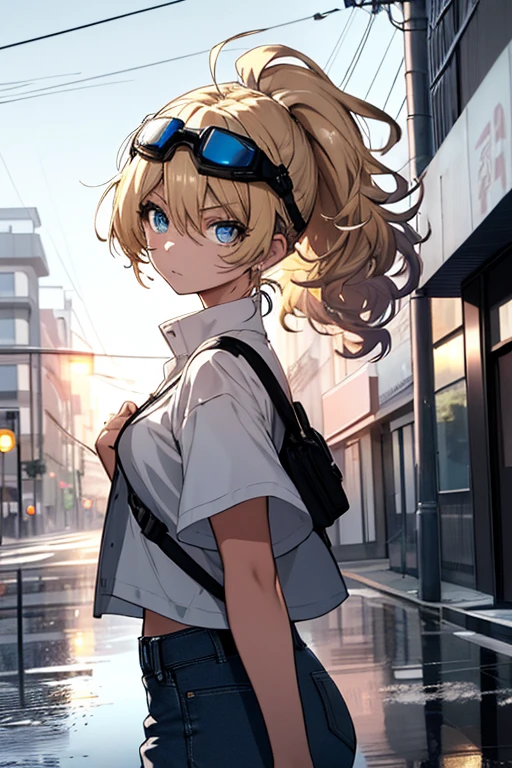 An exquisite masterpiece,Best quality,Illustration style,Anime girl with a curly ponytail,Beautiful eyes,summer,The white short-sleeved hem is blown by the wind,denim pant,Blue-purple gradient goggles,small ,Heartwarming,Young and beautiful,heroic look,Black and white combination,Blonde hair,Presents a natural casual style。There is a gold part in the dynamic position,Large aperture portrait,Screen whitening,strong contrast of light and shadow,the texture is super strong,the picture is super clear and concise,Extremely beautiful,The temperament is elegant,Delicate facial expressions,urban backdrop,Rainy days,Pavement water reflection