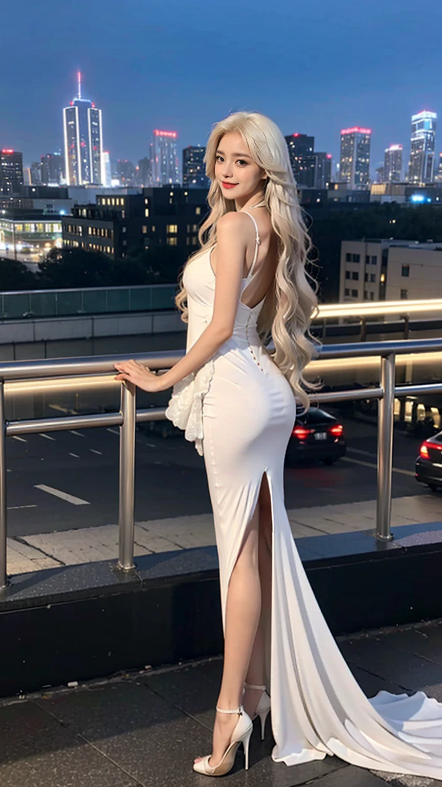 从头到脚full-body shot,Standing,HD,masterpiece,very high, Slender woman,White long hair,White hair,Extra long curly hair,Extra long curly hair垂落在地上,extremely long hair,Delicate face,Moisturizing red lips,Extremely tall,Amazing body proportions,Broad shoulders,Extra Large ,Slim waist,Wide hips,The buttocks are unusually huge,Incredibly exaggerated and leggy,Extra long thick legs,The legs are very long,The gorgeous super long veil flutters behind her,Full body clothing,Gorgeous princess dress,White,White厚底短靴,Smile,Real People,City roofs,roof,night,CG Rendering,16K,looking at camera,The night view is beautiful,超HD,Perfect details,The pictures are real,Ultimate image quality,highest accuracy,8k resolution,Dark Shadows,8k, Yes ,超HD,8k,full-body shot。