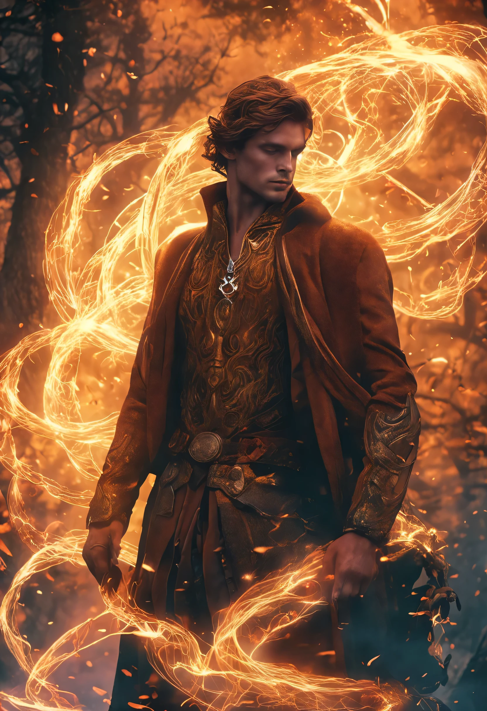 Amidst an ancient and overgrown forest, the essence of magic takes form through a young man, his hair as dark as the shadows and his eyes a radiant golden blaze. A mystical mark graces his neck, shimmering with latent power. Within a clearing, he stands engulfed in a cascading torrent of flames, the fire's heat tempered by an otherworldly energy. As the magical fire spirals and dances, it conjures a swirling dance of luminous particles, each a fragment of his ethereal aura. Arcane symbols materialize in midair, their glow casting an eerie light on his intense focus. The scene exudes a sense of ancient power and hidden knowledge, as if the woods themselves are alive with long-forgotten secrets. The mood is one of serene intensity, where the balance of nature and magic intertwine. The illustration style captures this mystical aura through detailed digital artistry, combining intricate linework with vibrant color palettes. --ar 16:9 --v 5